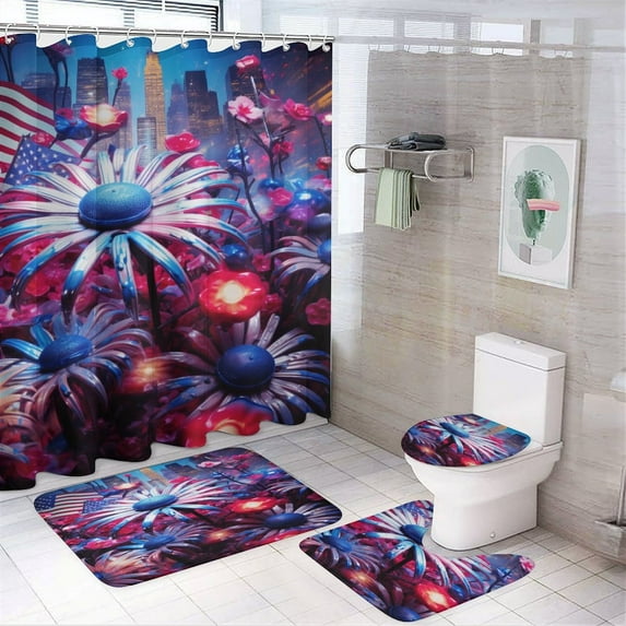 Independence Day Of The United States Flag Bathroom Sets with Shower Curtain And Rugs, Incl with 12 Hooks,Toilet Lid Oval Rug