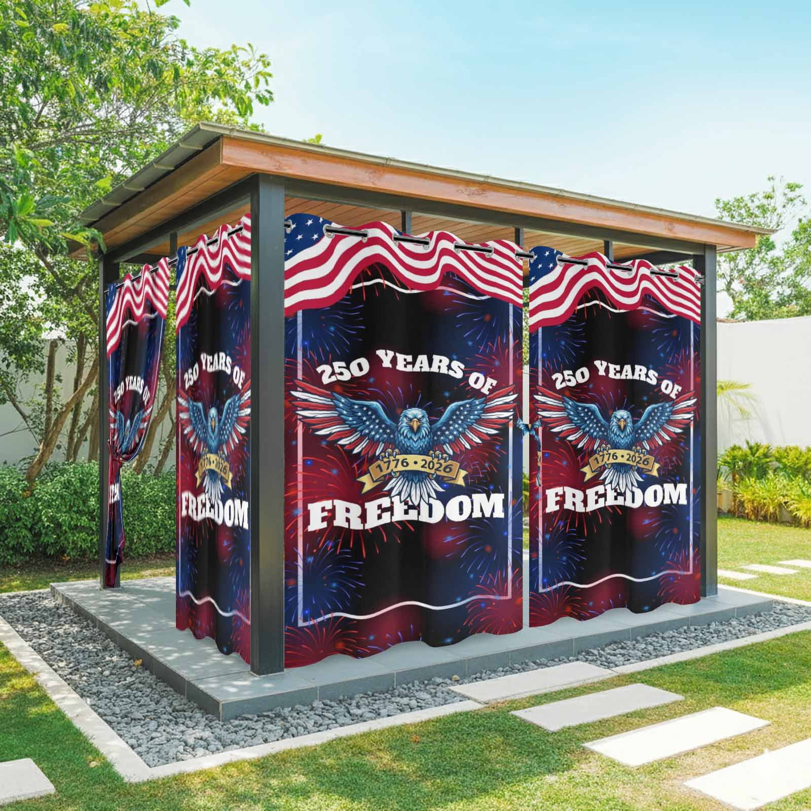 Independence Day Outdoor Curtains for Patio, 250 YEARS OF FREEDOM Cartoon Bald Eagle Sunshade Privacy Drapes Grommet Waterproof Outside Curtains for Porch/Cabana/Balcony 54"x 108", 1 Panel