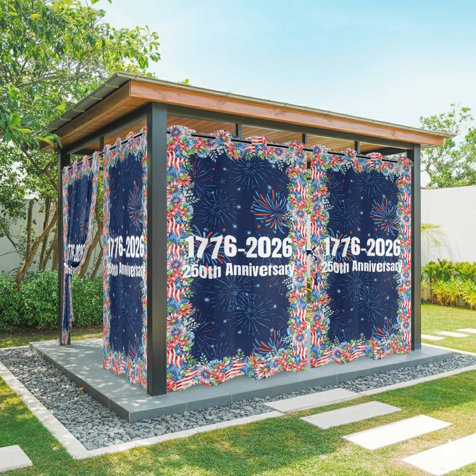Independence Day Outdoor Curtains for Patio, 250th Anniversary Blue Red Sparklers Flowers Sunshade Privacy Drapes Grommet Waterproof Outside Curtains for Porch/Cabana/Balcony 54"x 108", 1 Panel