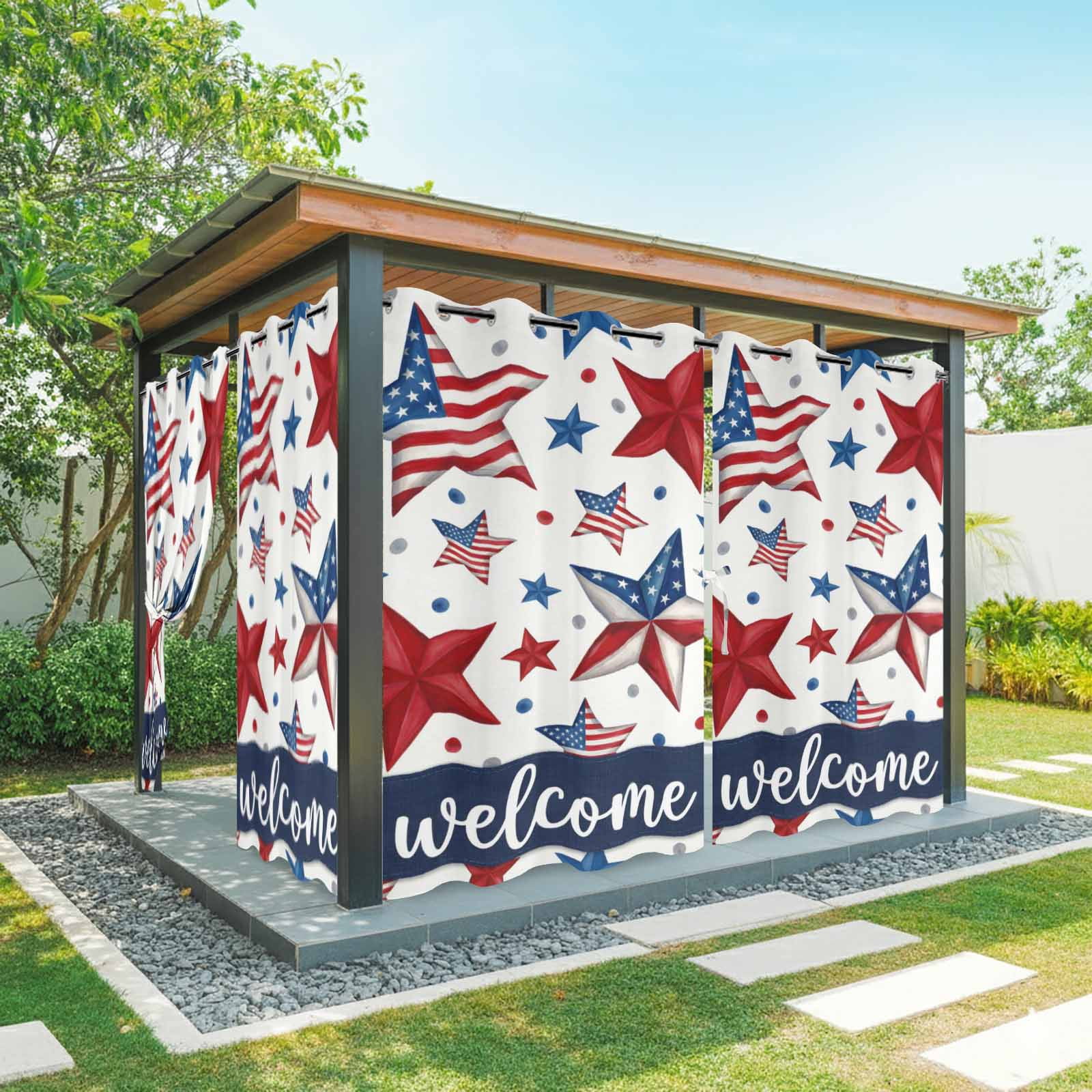 Independence Day Outdoor Curtains for Patio, 4th of July Patriotic American Flag Red Blue Star Sunshade Privacy Drapes Grommet Waterproof Outside Curtains for Porch/Cabana/Balcony 54"x 108", 1 Panel