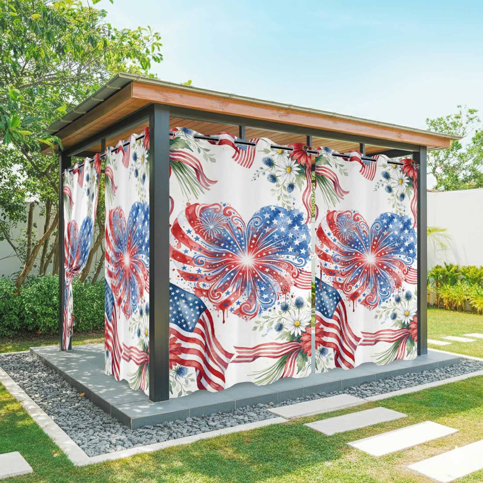 Independence Day Outdoor Curtains for Patio, Abstract American Flag Heart Red Blue Flower Daisy Sunshade Privacy Drapes Grommet Waterproof Outside Curtains for Porch/Cabana/Balcony 54"x 95", 2 Panel
