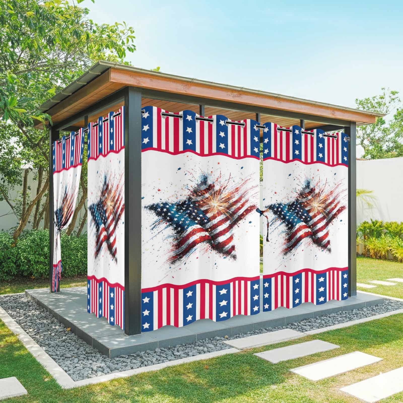 Independence Day Outdoor Curtains for Patio, Abstract American Flag Red Striped Star Sunshade Privacy Drapes Grommet Waterproof Outside Curtains for Porch/Cabana/Balcony 54"x 108", 1 Panel