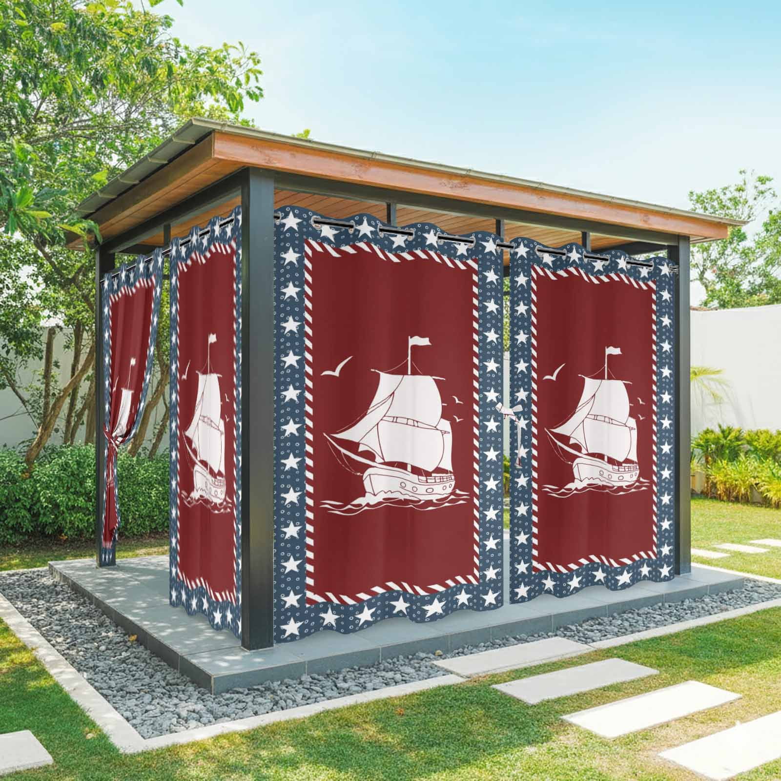 Independence Day Outdoor Curtains for Patio, America Flag Star Ocean Coastal Seaships Seagull Sunshade Privacy Drapes Grommet Waterproof Outside Curtains for Porch/Cabana/Balcony 54"x 108", 1 Panel