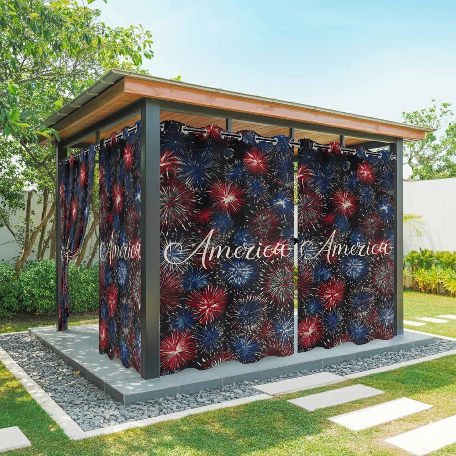 Independence Day Outdoor Curtains for Patio, America Letter Print Fantasy Colorful Firework Sunshade Privacy Drapes Grommet Waterproof Outside Curtains for Porch/Cabana/Balcony 54"x 108", 1 Panel