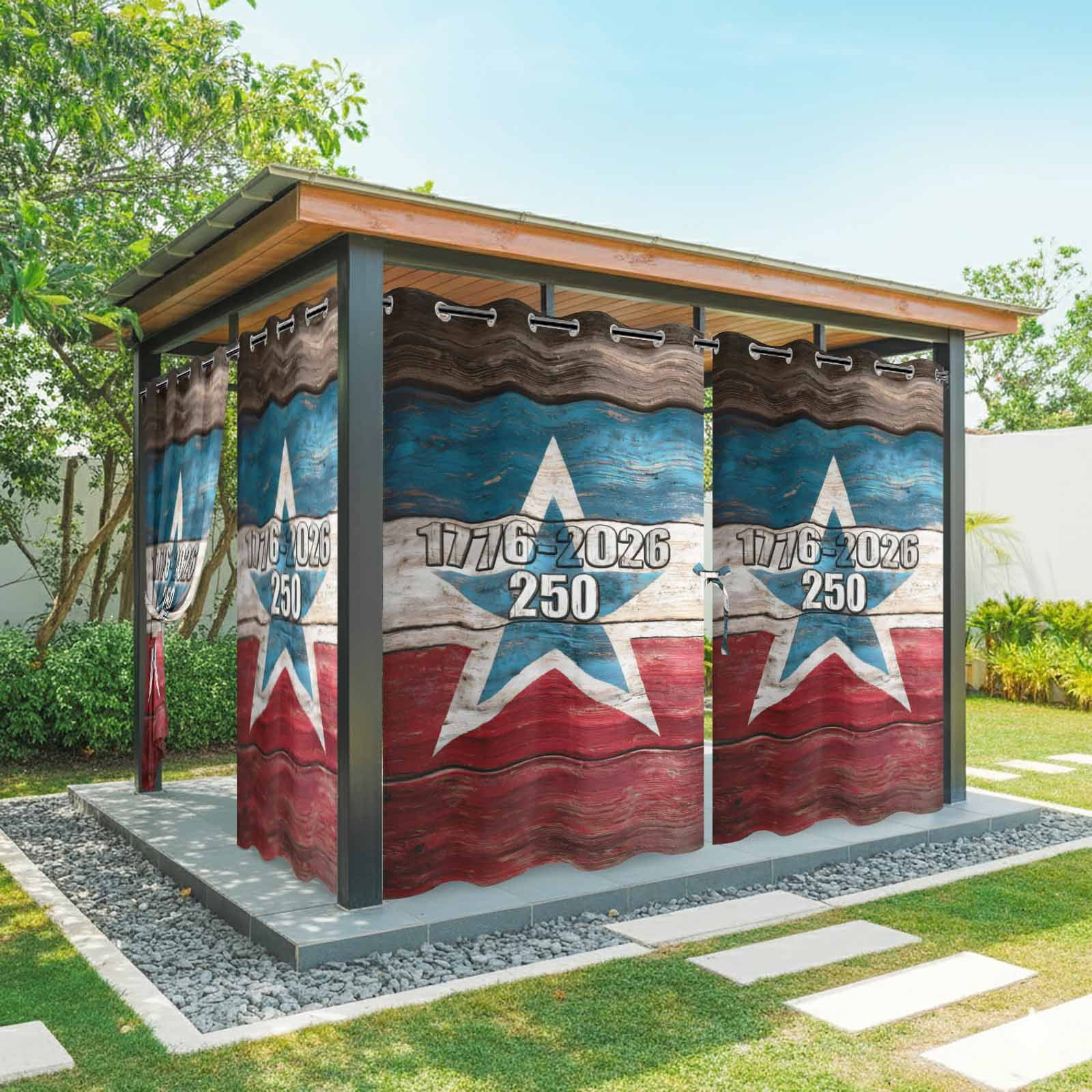 Independence Day Outdoor Curtains for Patio, America Years Vintage Country Red Blue Wood Grain Sunshade Privacy Drapes Grommet Waterproof Outside Curtains for Porch/Cabana/Balcony 54"x 108", 1 Panel
