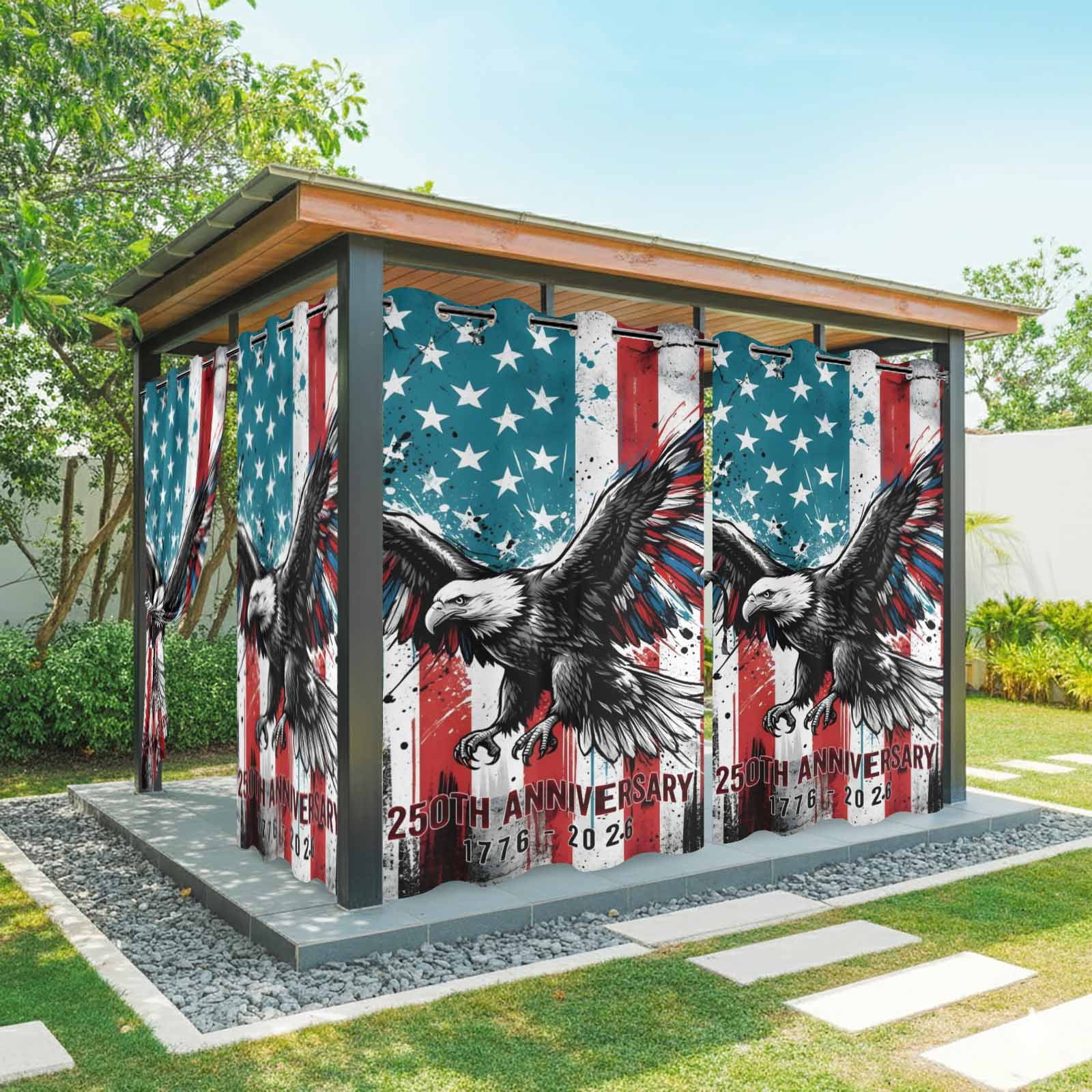 Independence Day Outdoor Curtains for Patio, American Flag Bald Eagle 250th Anniversary Sunshade Privacy Drapes Grommet Waterproof Outside Curtains for Porch/Cabana/Balcony 54"x 108", 1 Panel