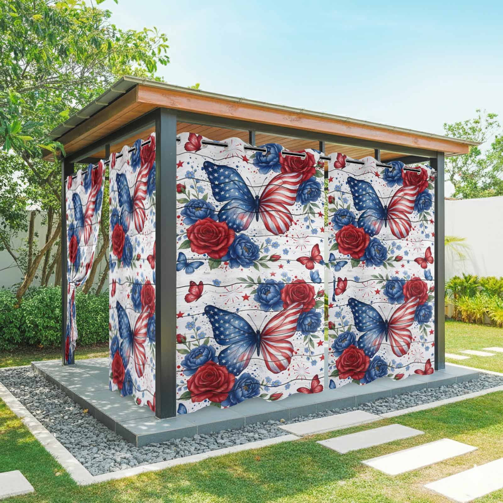 Independence Day Outdoor Curtains for Patio, American Flag Butterfly Blue Red Flower Country Wood Striped Sunshade Privacy Drapes Grommet Waterproof Outside Curtains for Porch 54"x108", 1 Panel