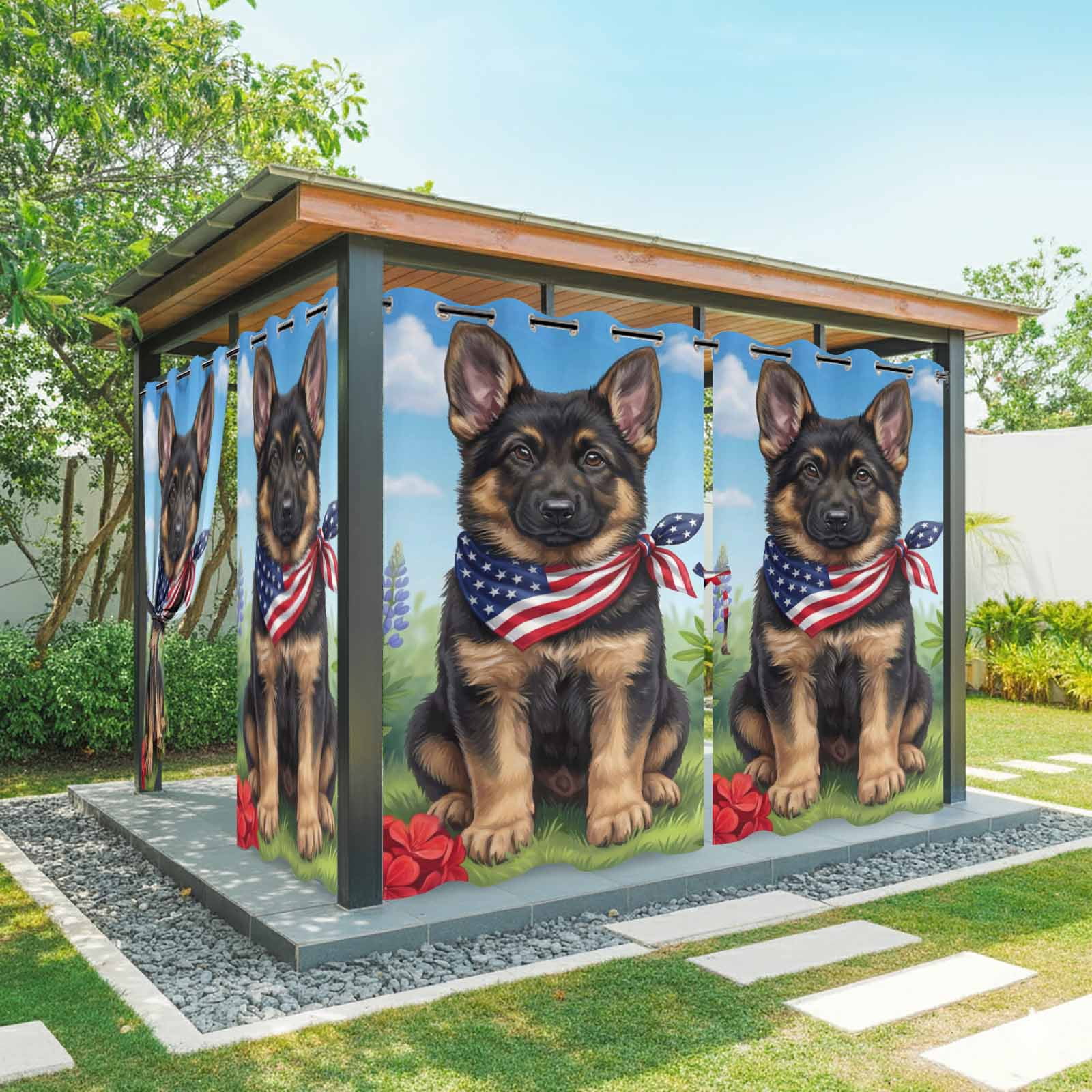 Independence Day Outdoor Curtains for Patio, American Flag Cute Dog Puppy Colorful Flowers Sunshade Privacy Drapes Grommet Waterproof Outside Curtains for Porch/Cabana/Balcony 54"x 108", 1 Panel