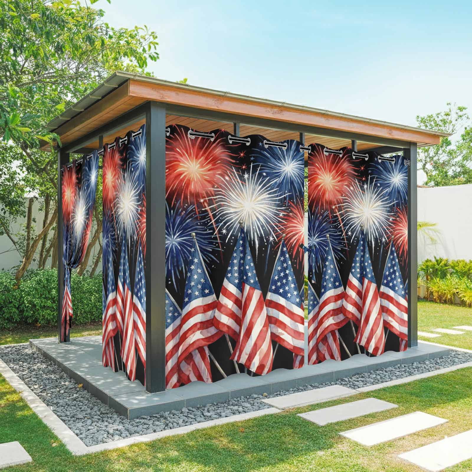 Independence Day Outdoor Curtains for Patio, American Flag Fireworks Starry Sky Abstract Watercolor Sunshade Privacy Drapes Grommet Waterproof Outside Curtains for Porch Balcony 54"x95", 2 Panel