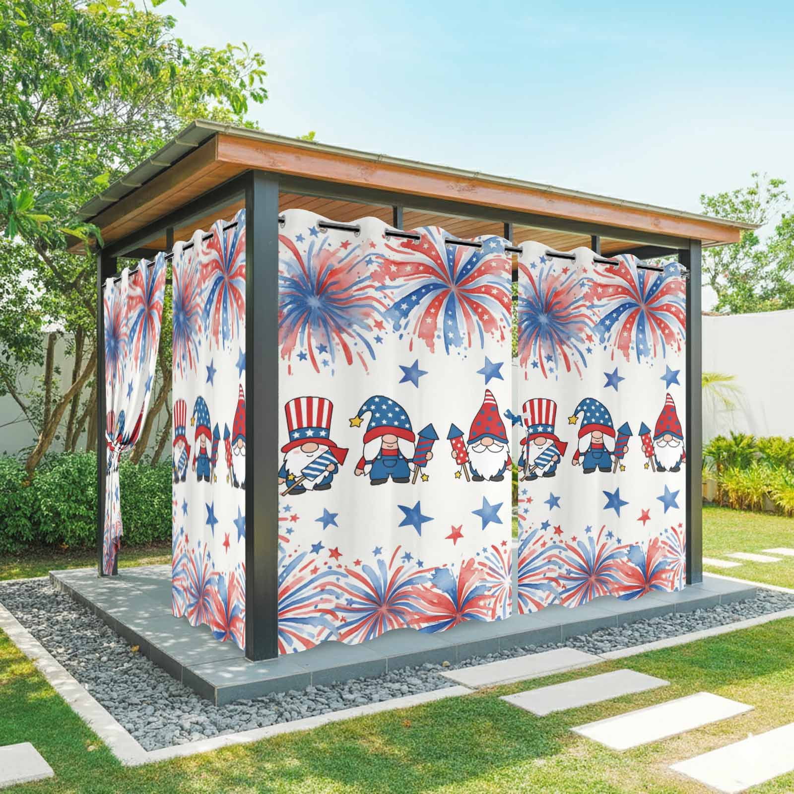 Independence Day Outdoor Curtains for Patio, American Flag Gnome Red Blue Fireworks Country Sunshade Privacy Drapes Grommet Waterproof Outside Curtains for Porch/Cabana/Balcony 54"x 108", 1 Panel