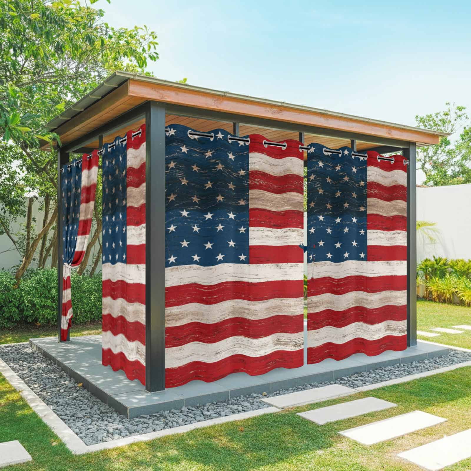 Independence Day Outdoor Curtains for Patio, American Flag Patriotic Red Blue Stripe Star Wood Grain Sunshade Privacy Drapes Grommet Waterproof Outside Curtains for Porch Balcony 54"x108", 1 Panel