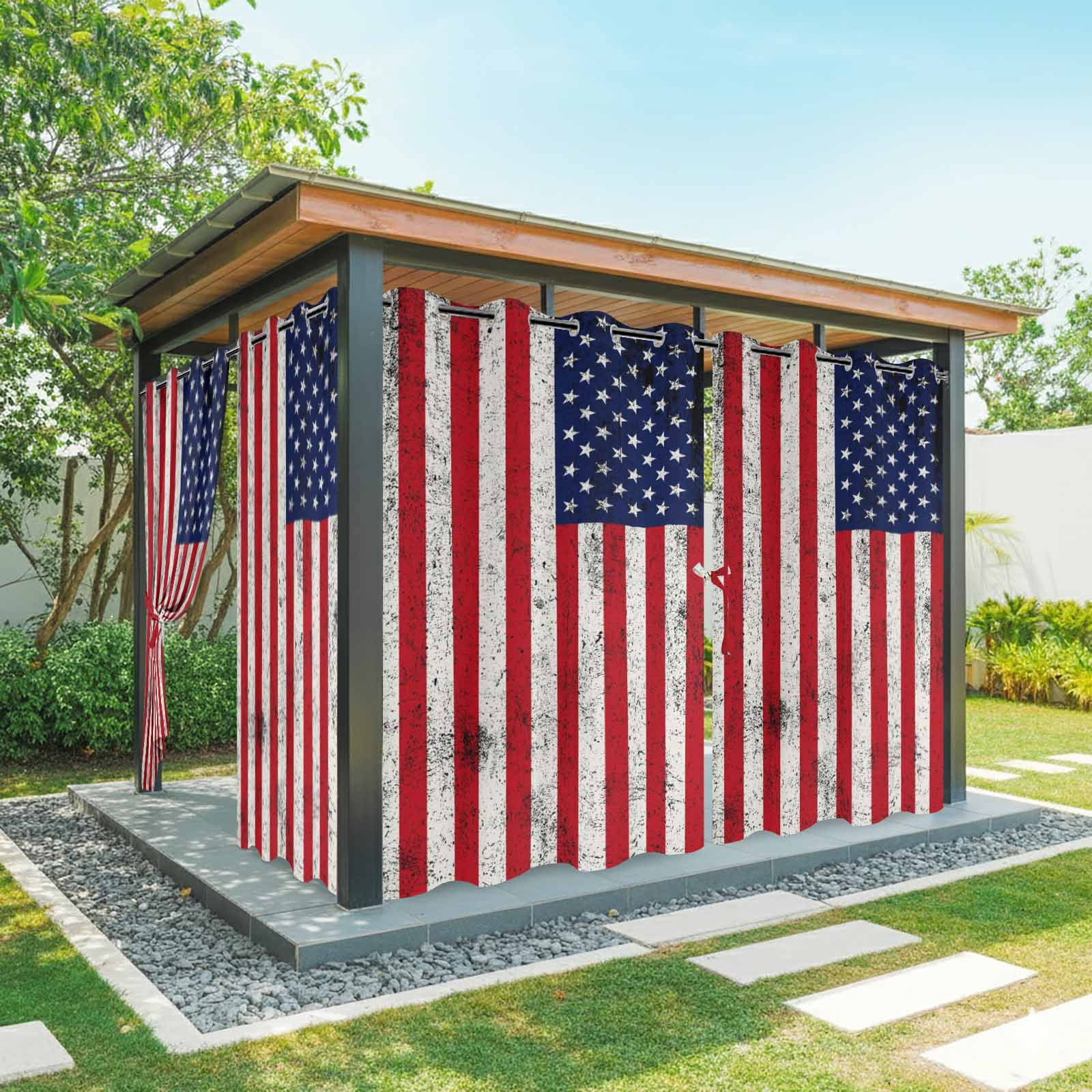 Independence Day Outdoor Curtains for Patio, American Flag Star Red Stripes Vintage Sunshade Privacy Drapes Grommet Waterproof Outside Curtains for Porch/Cabana/Balcony 54"x 108", 1 Panel