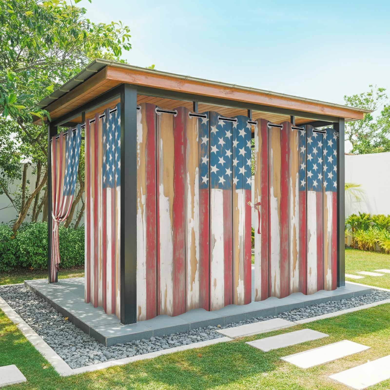 Independence Day Outdoor Curtains for Patio, American Flag Star Retro Red Wood Striped Sunshade Privacy Drapes Grommet Waterproof Outside Curtains for Porch/Cabana/Balcony 54"x 108", 1 Panel