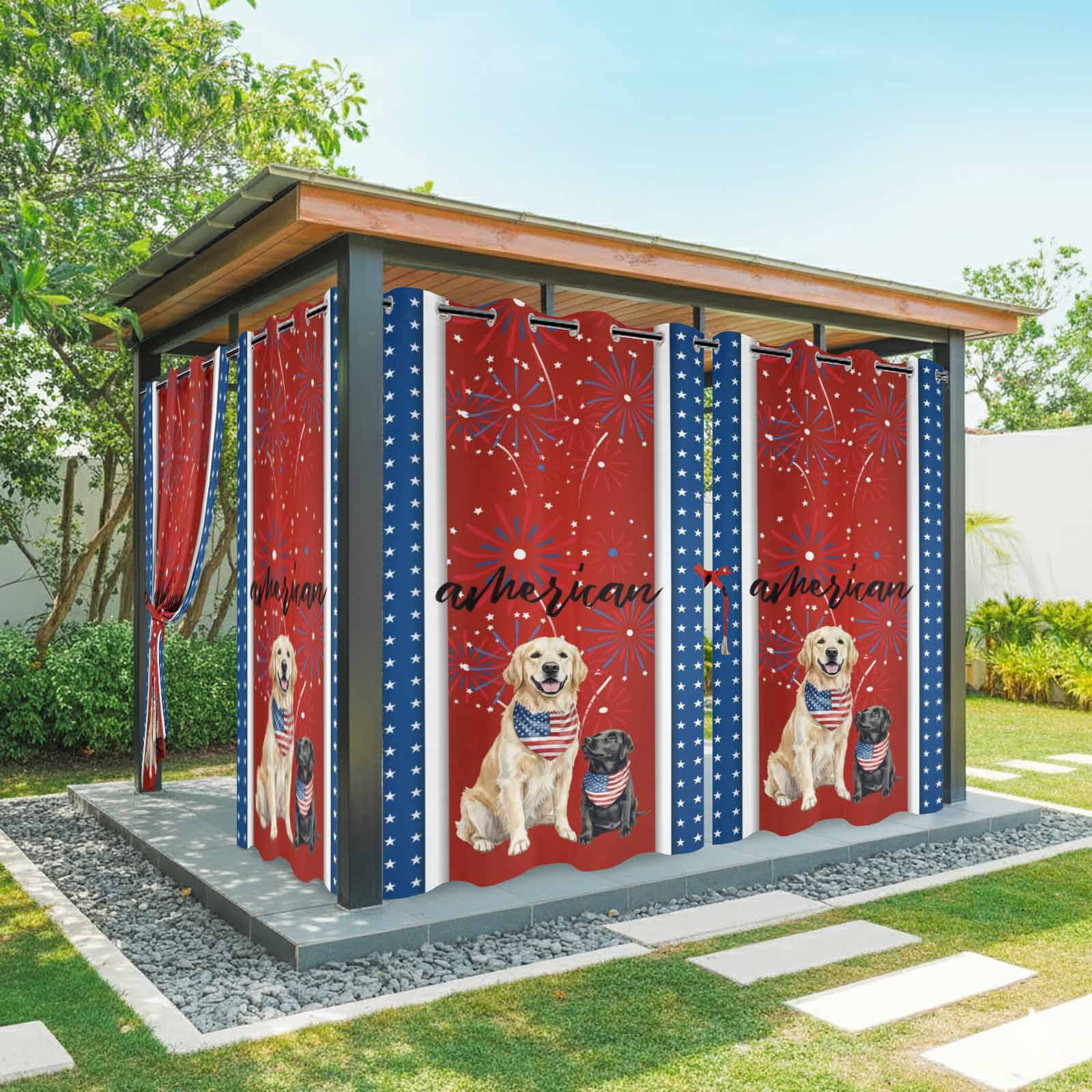 Independence Day Outdoor Curtains for Patio, Black Labrador Cute Golden Retriever White Star Sunshade Privacy Drapes Grommet Waterproof Outside Curtains for Porch/Cabana/Balcony 54"x 108", 1 Panel