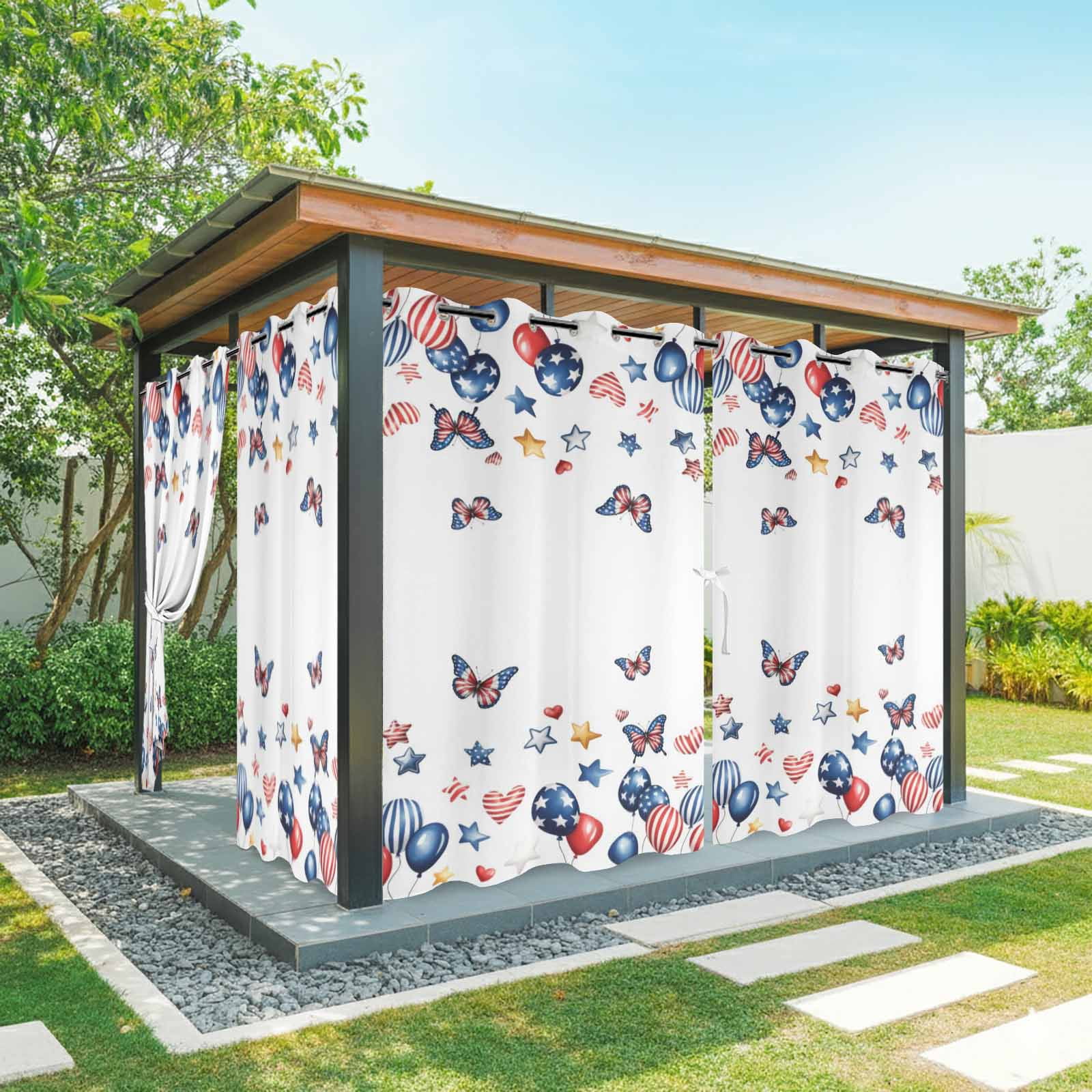 Independence Day Outdoor Curtains for Patio, Butterflies Star Flags Blue Balloons Striped Sunshade Privacy Drapes Grommet Waterproof Outside Curtains for Porch/Cabana/Balcony 54"x 108", 1 Panel