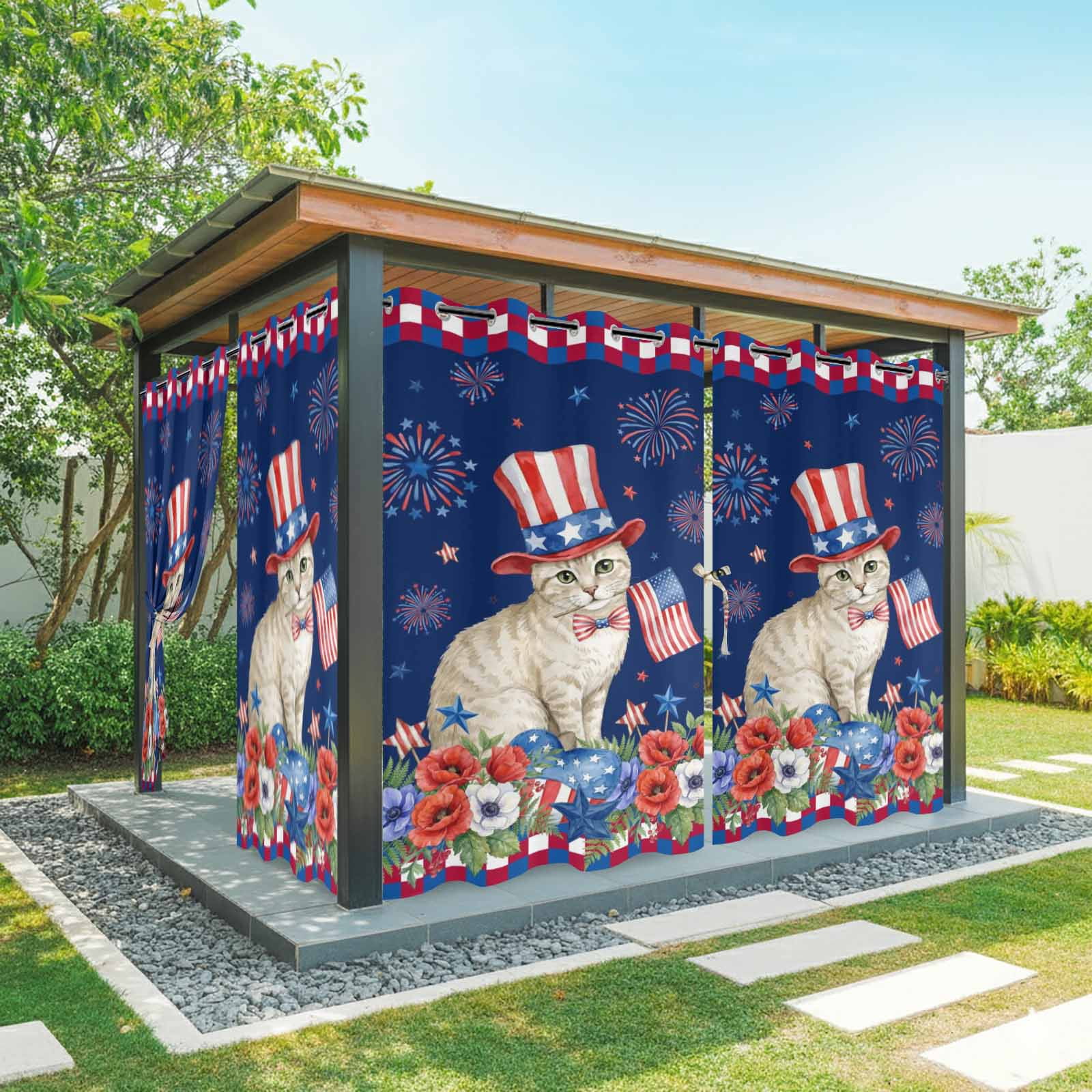 Independence Day Outdoor Curtains for Patio, Cartoon Golden British Shorthair Colorful Poppy Sunshade Privacy Drapes Grommet Waterproof Outside Curtains for Porch/Cabana/Balcony 54"x 108", 1 Panel
