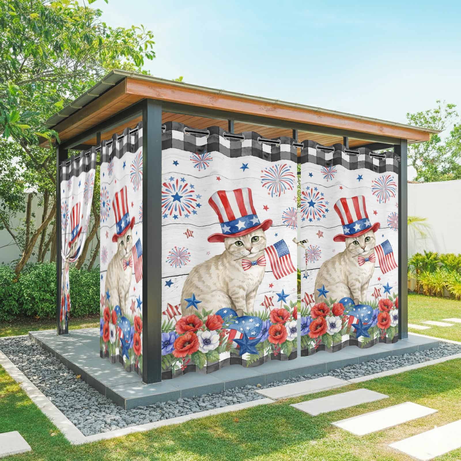 Independence Day Outdoor Curtains for Patio, Cartoon Golden British Shorthair Poppy Wood Grain Sunshade Privacy Drapes Grommet Waterproof Outside Curtains for Porch/Cabana/Balcony 54"x 108", 1 Panel