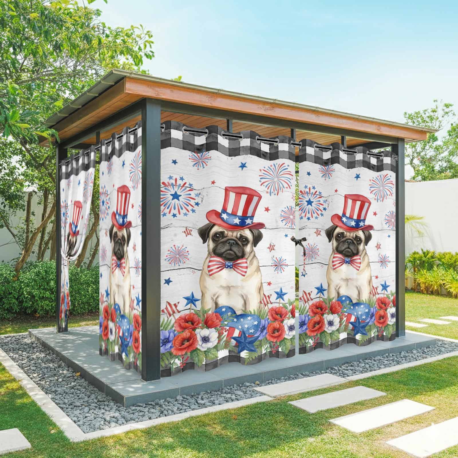 Independence Day Outdoor Curtains for Patio, Cartoon Pug Dog Cute Puppy Colorful Poppy Wood Grain Sunshade Privacy Drapes Grommet Waterproof Outside Curtains for Porch Balcony 54"x108", 2 Panel