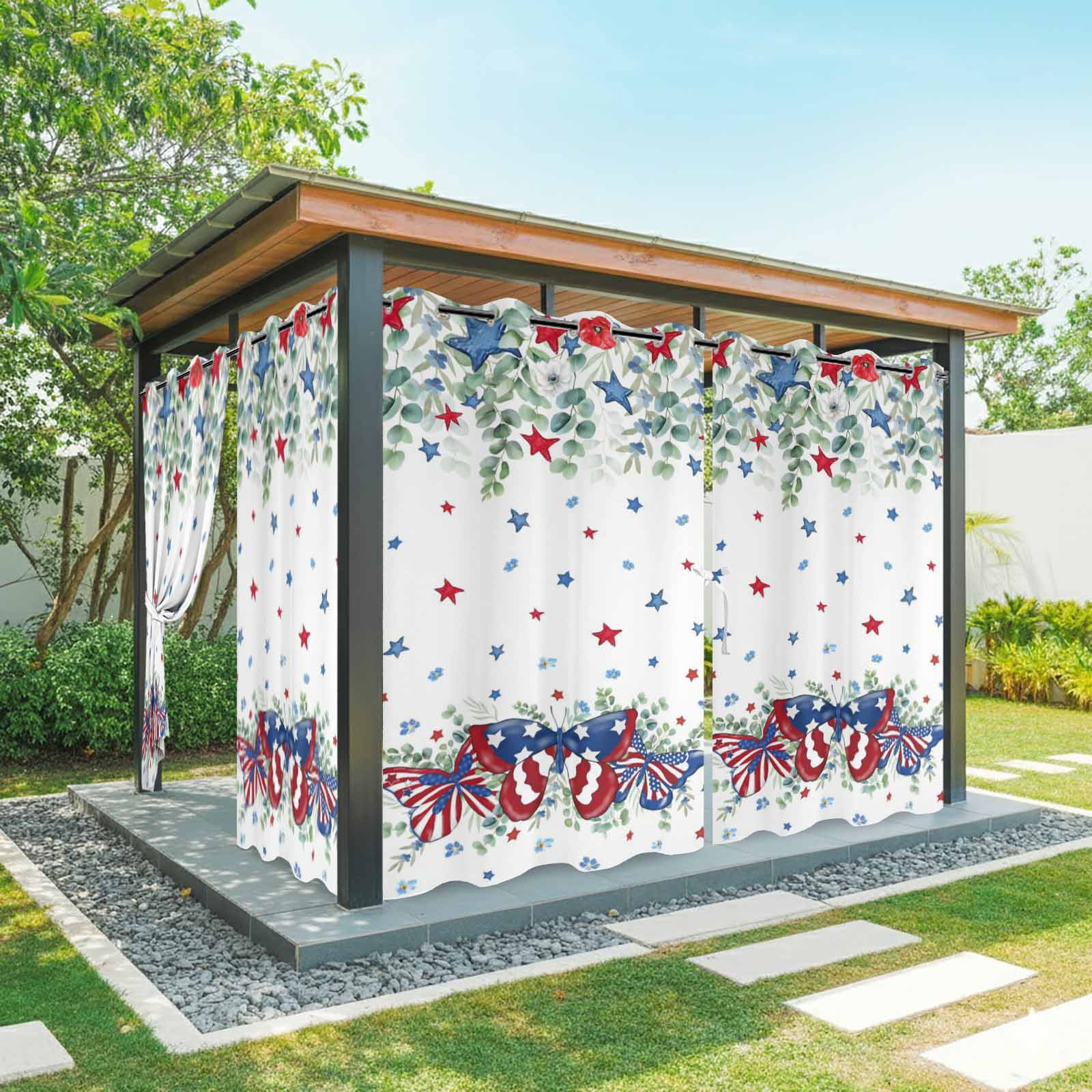 Independence Day Outdoor Curtains for Patio, Country Farmhouse Red Blue Star Butterfly Leaf Flower Sunshade Privacy Drapes Grommet Waterproof Outside Curtains for Porch Balcony 54"x108", 1 Panel