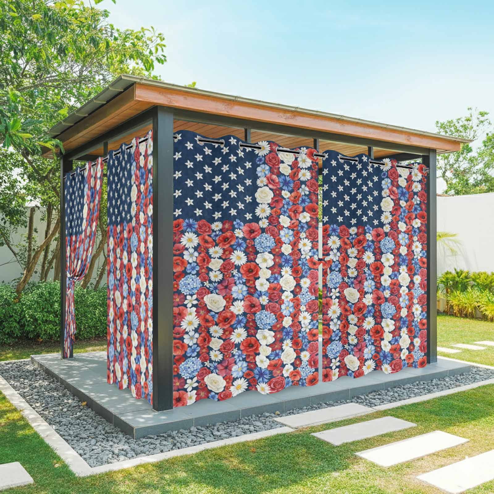 Independence Day Outdoor Curtains for Patio, Country U.S. Flag Theme Red Poppy Blue Flower Sunshade Privacy Drapes Grommet Waterproof Outside Curtains for Porch/Cabana/Balcony 54"x 108", 1 Panel