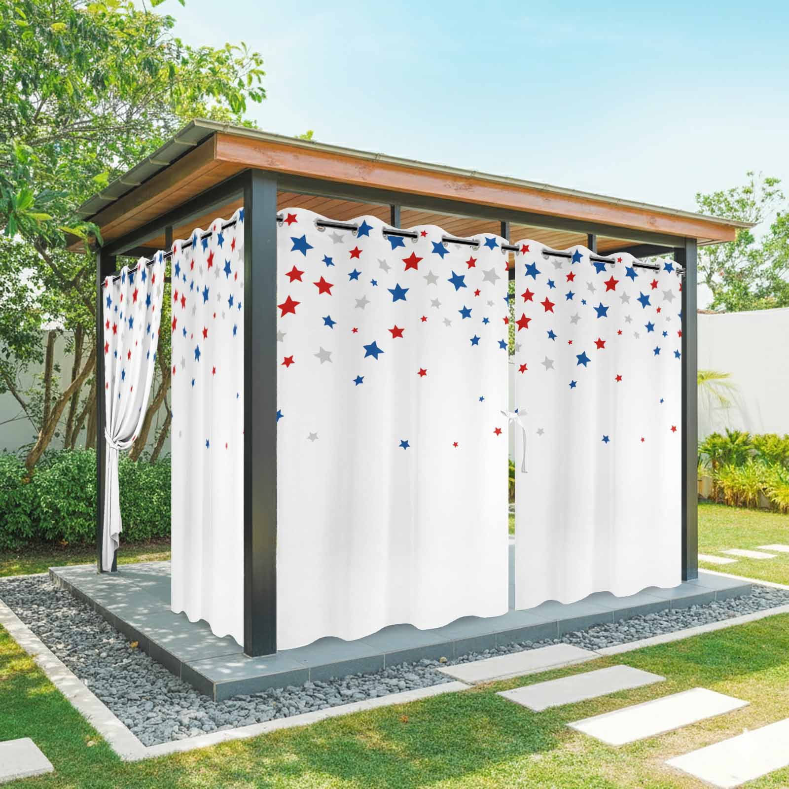 Independence Day Outdoor Curtains for Patio, Day 4th of July Ombre Blue Red Gray Star on White Sunshade Privacy Drapes Grommet Waterproof Outside Curtains for Porch/Cabana/Balcony 54"x 84", 1 Panel
