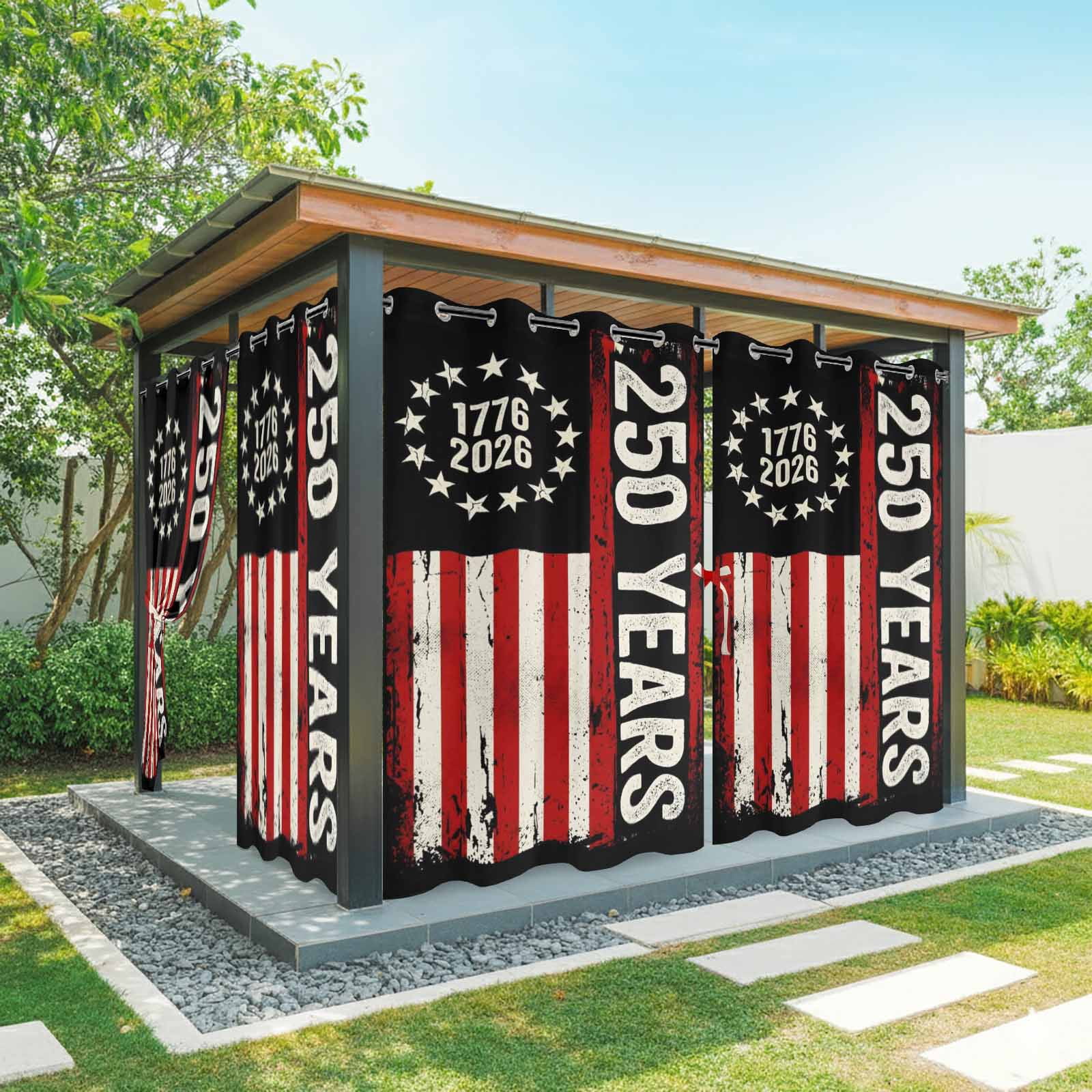 Independence Day Outdoor Curtains for Patio, Distressed 250 Years Red White Flag Sunshade Privacy Drapes Grommet Waterproof Outside Curtains for Porch/Cabana/Balcony 54"x 108", 1 Panel