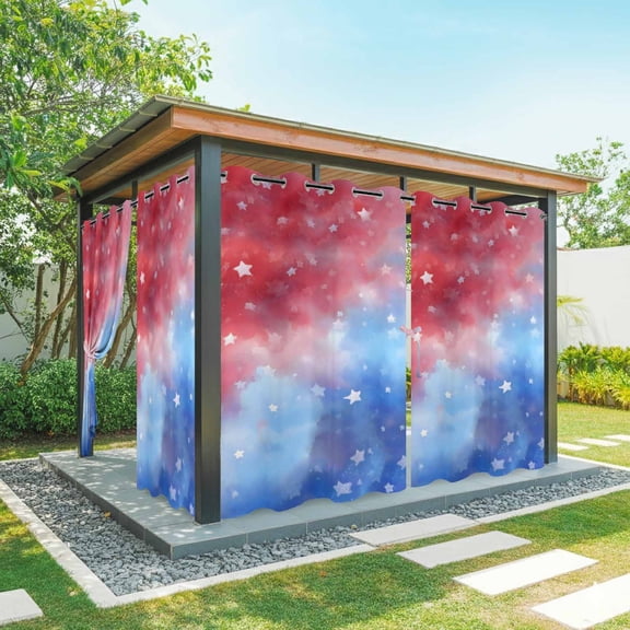 Independence Day Outdoor Curtains for Patio, Dreamy Red Blue Gradient Cloud Star Waterproof Outside Curtains Privacy Blackout Curtain for Porch Pergola Cabana, 2 Panel 54W x 95L Inch