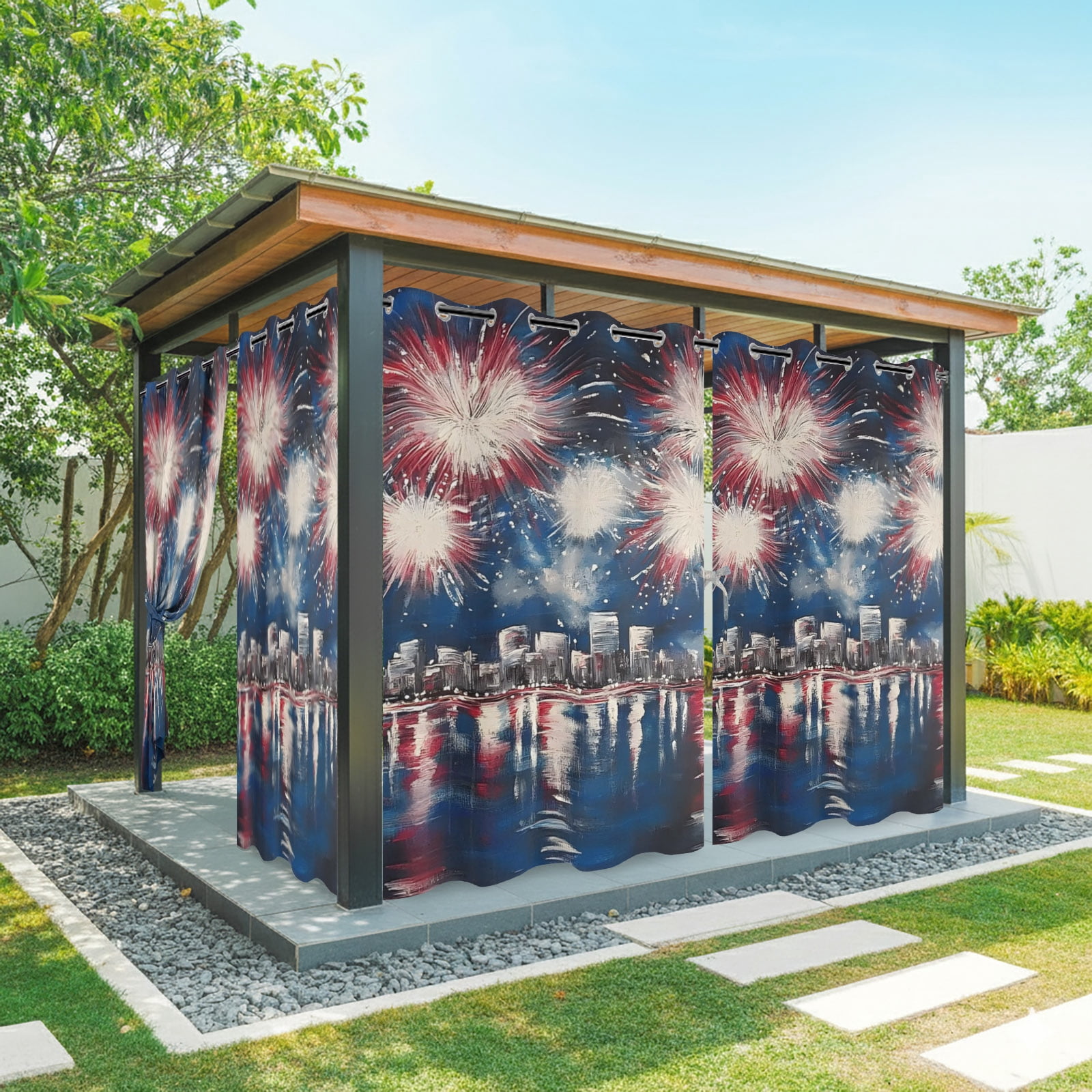 Independence Day Outdoor Curtains for Patio, Fireworks City Night Scene Patriotic Sunshade Privacy Drapes Grommet Waterproof Outside Curtains for Porch/Cabana/Balcony 54"x 108", 1 Panel