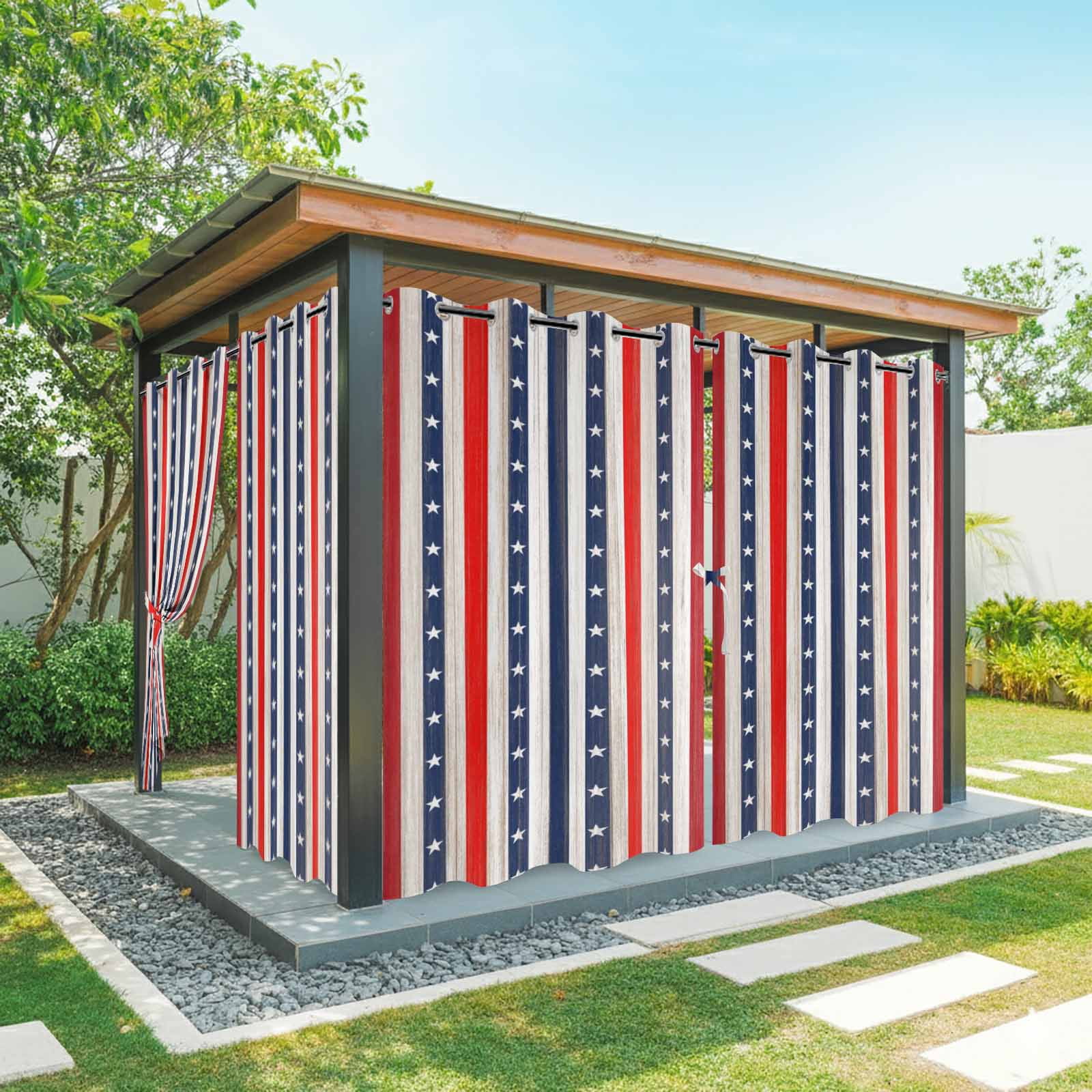 Independence Day Outdoor Curtains for Patio, Flag Day Star Blue Red Stripes Retro Wood Grain Sunshade Privacy Drapes Grommet Waterproof Outside Curtains for Porch/Cabana/Balcony 54"x 108", 1 Panel