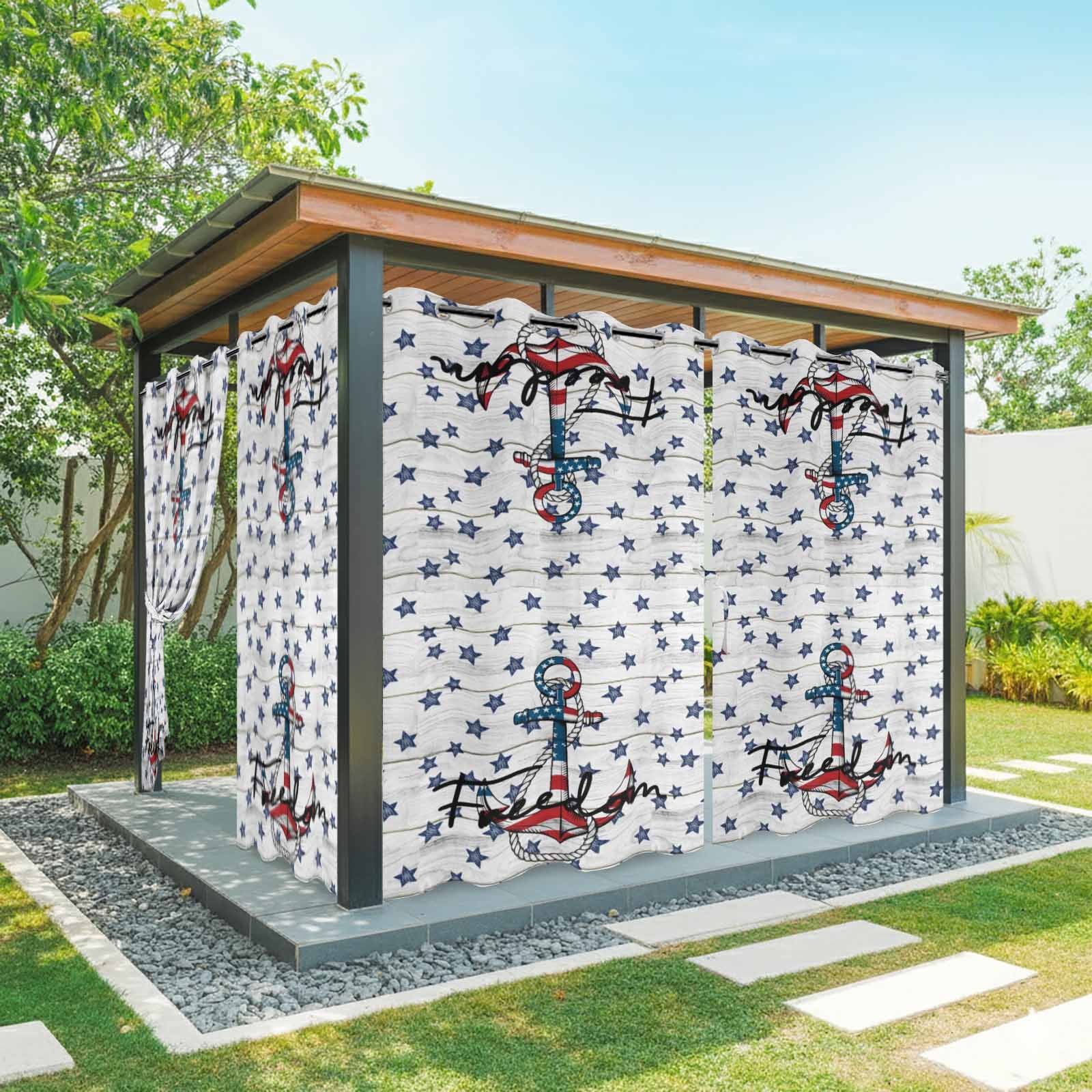 Independence Day Outdoor Curtains for Patio, Freedom Anchors Blue Star Flags White Wood Grain Sunshade Privacy Drapes Grommet Waterproof Outside Curtains for Porch/Cabana/Balcony 54"x 108", 1 Panel