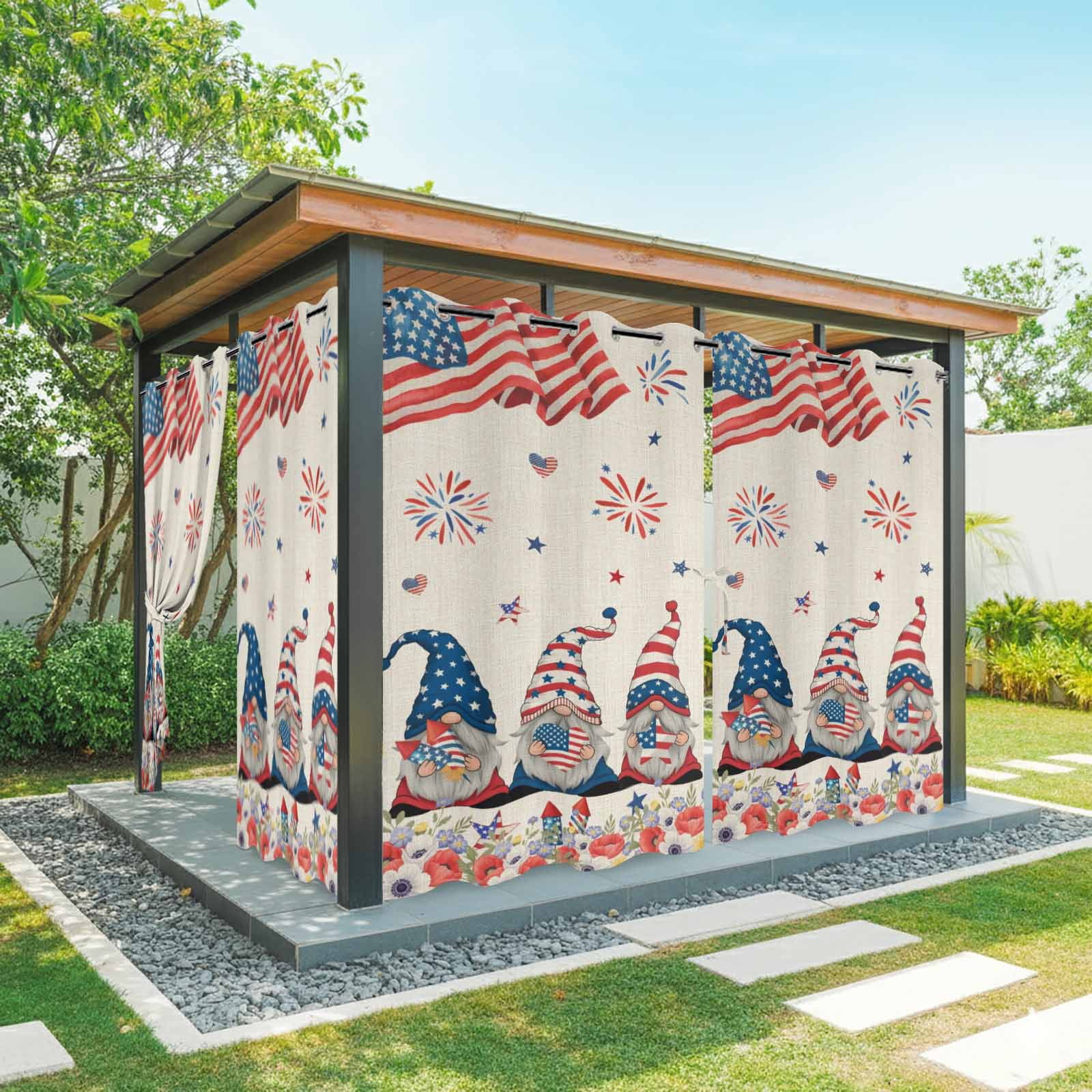 Independence Day Outdoor Curtains for Patio, Gnome Poppy US Flag Retro 4th of July Sunshade Privacy Drapes Grommet Waterproof Outside Curtains for Porch/Cabana/Balcony 54"x 108", 1 Panel