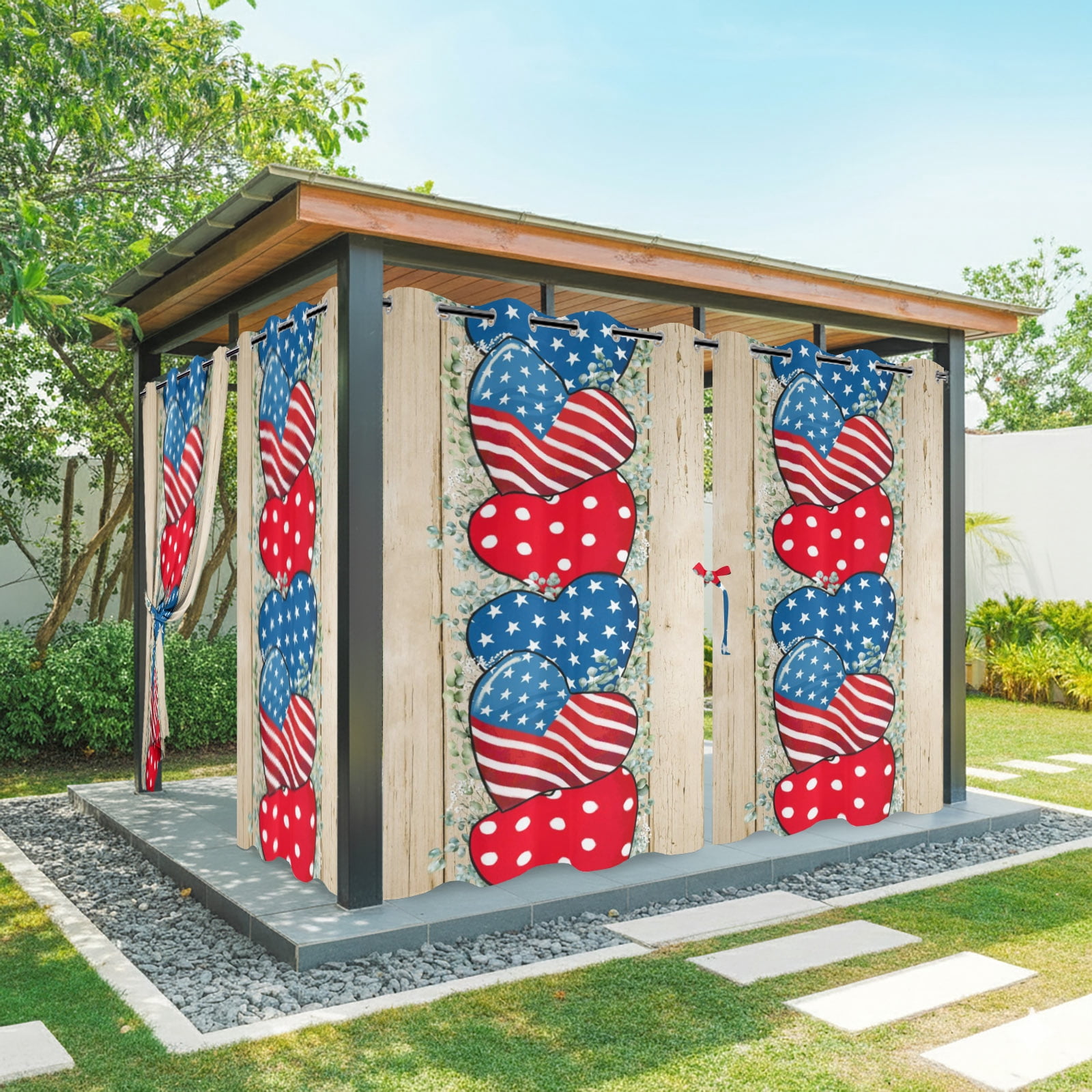Independence Day Outdoor Curtains for Patio, Hearts American Flag Eucalyptus Leaves Sunshade Privacy Drapes Grommet Waterproof Outside Curtains for Porch/Cabana/Balcony 54"x 108", 1 Panel