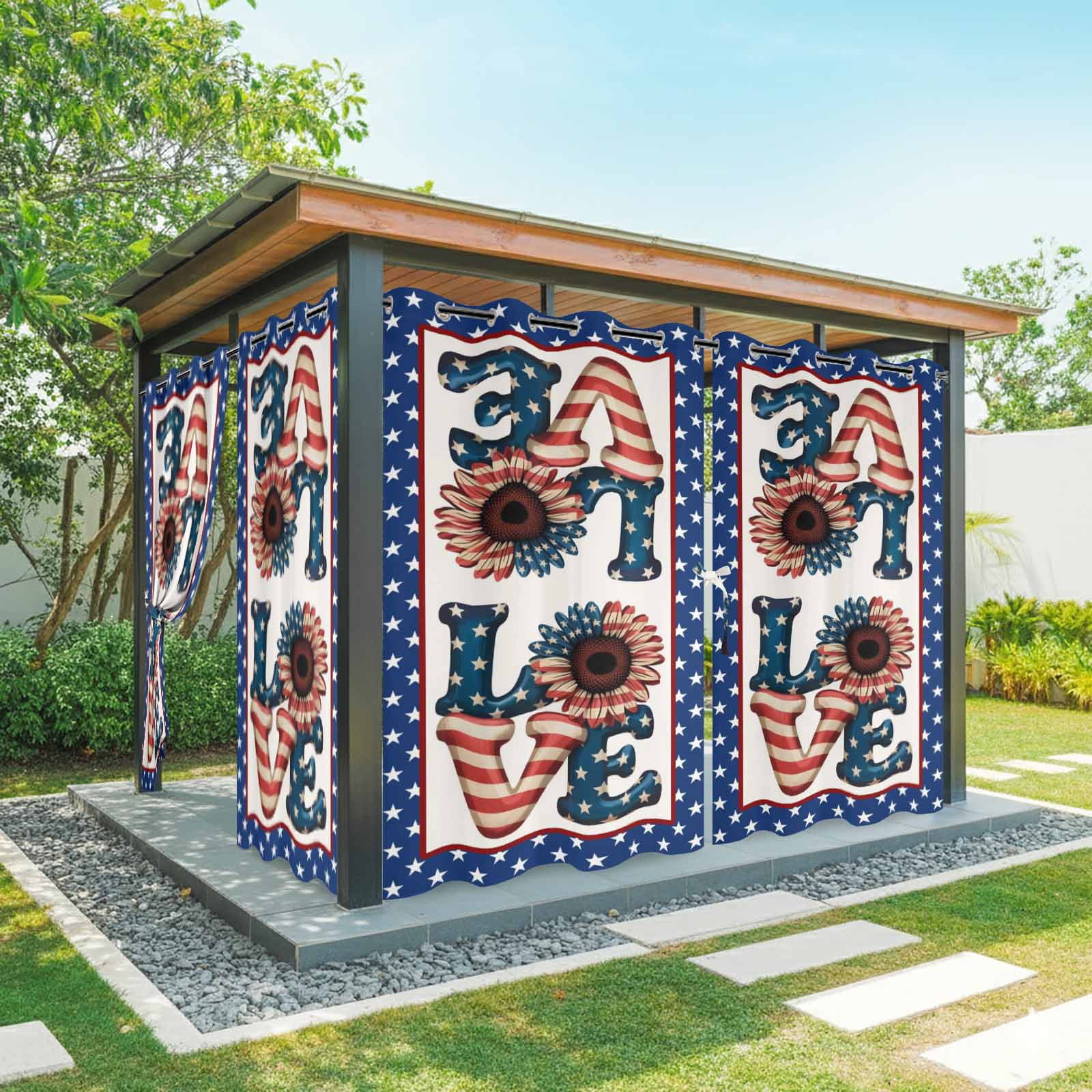 Independence Day Outdoor Curtains for Patio, Love U.S. Flag Sunflower Star Flag Day Sunshade Privacy Drapes Grommet Waterproof Outside Curtains for Porch/Cabana/Balcony 54"x 95", 2 Panel