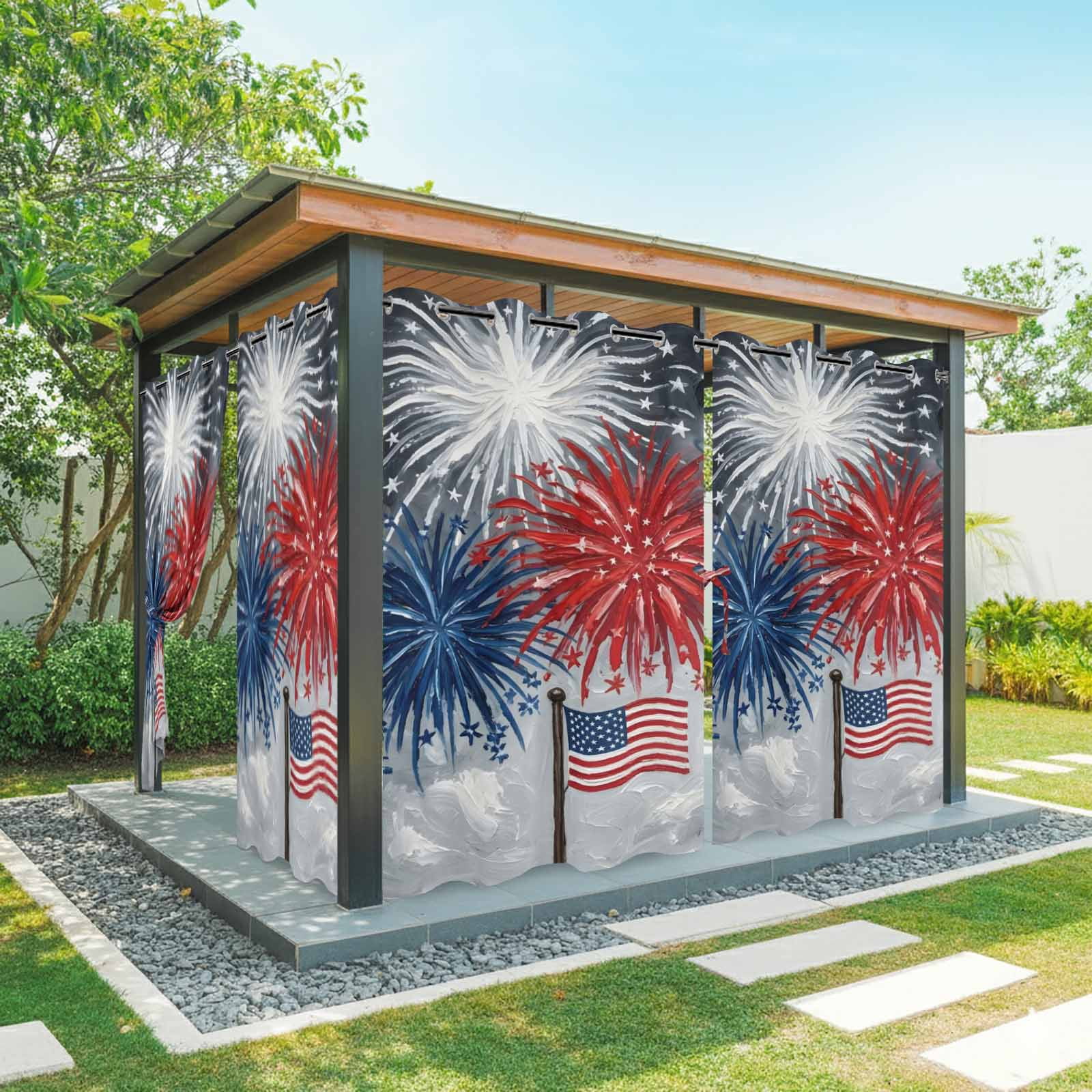Independence Day Outdoor Curtains for Patio, Oil Painting Blue White Red Firework Flag Sunshade Privacy Drapes Grommet Waterproof Outside Curtains for Porch/Cabana/Balcony 54"x 108", 1 Panel