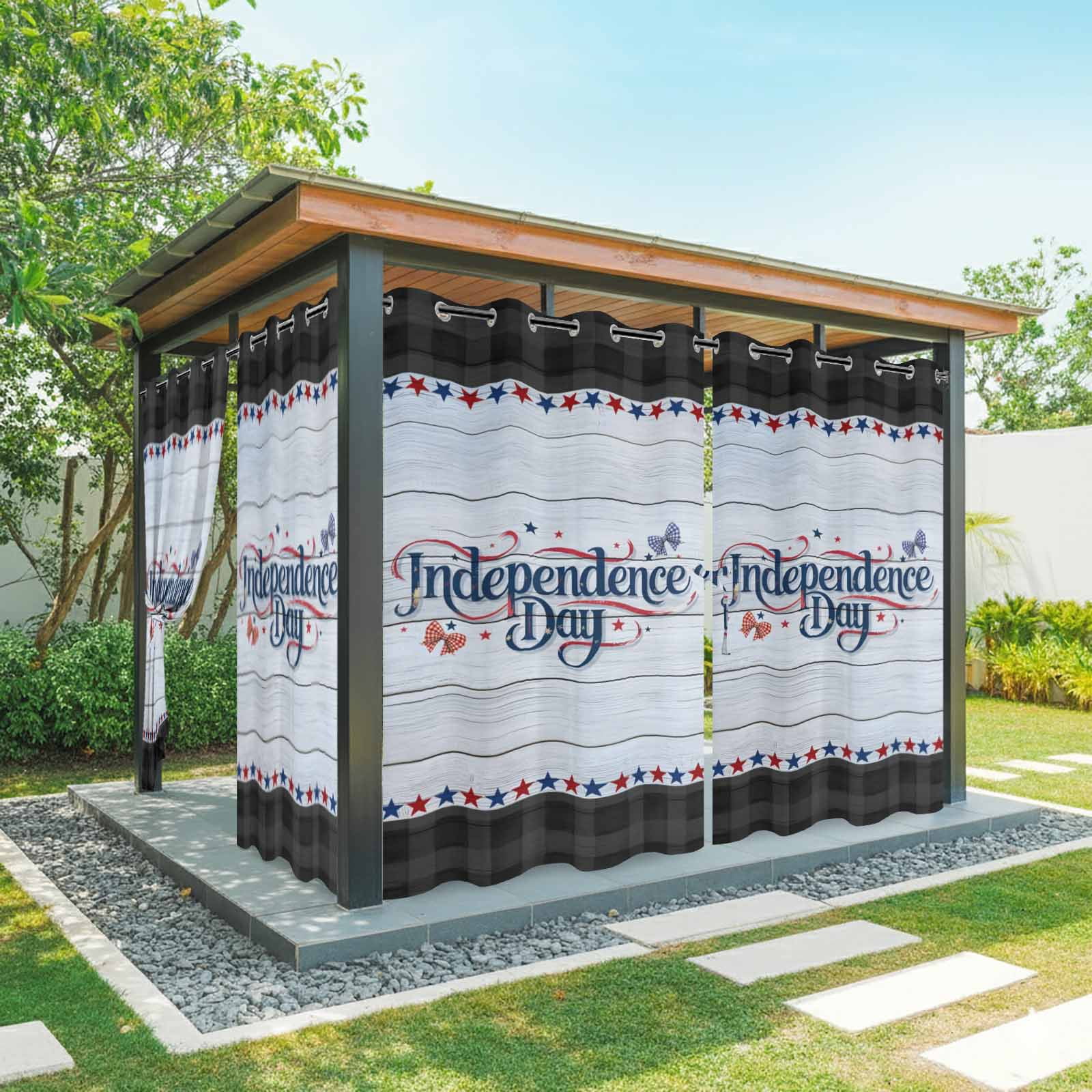 Independence Day Outdoor Curtains for Patio, Orange Blue Plaid Bow Red Star Wood Striped Sunshade Privacy Drapes Grommet Waterproof Outside Curtains for Porch/Cabana/Balcony 54"x 108", 1 Panel