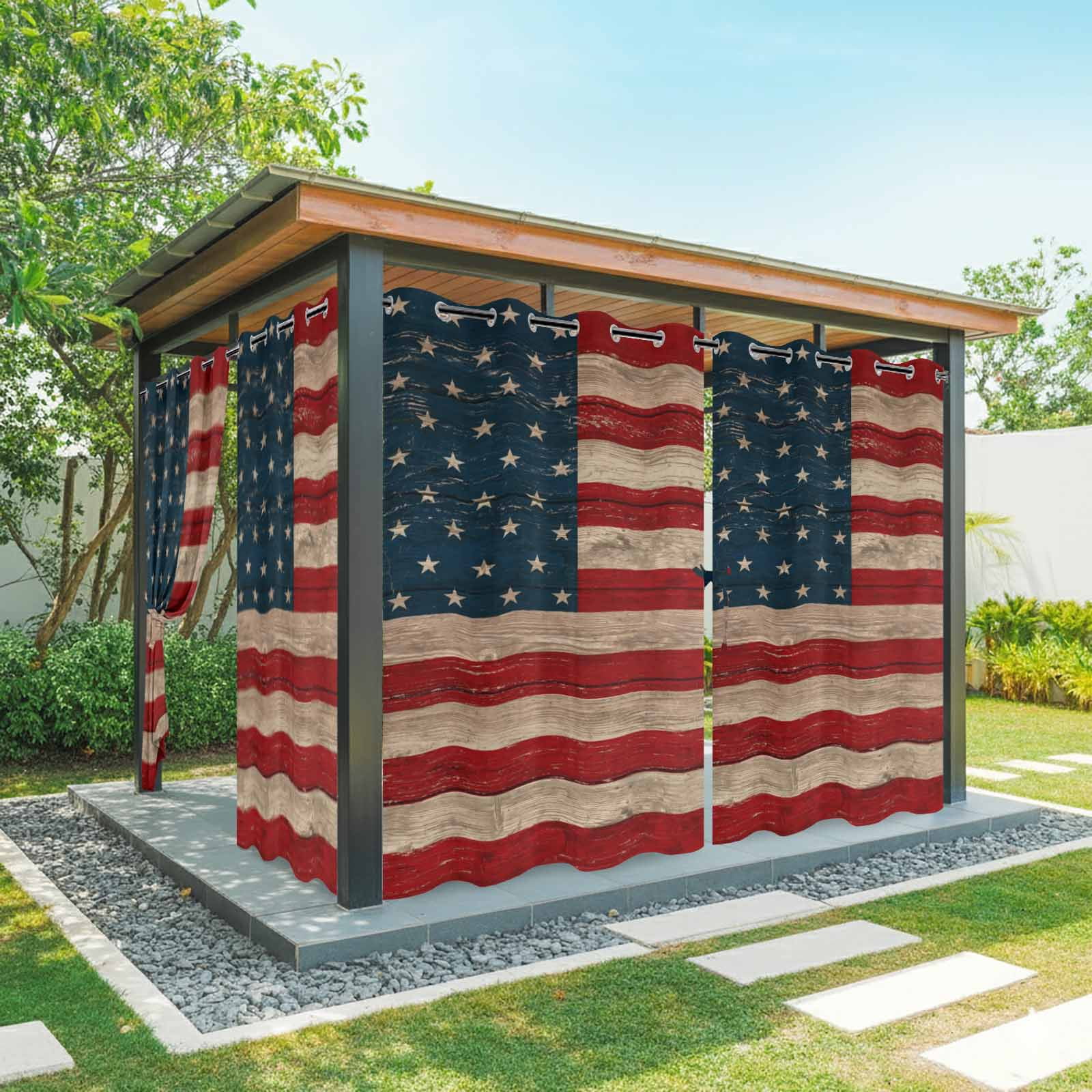 Independence Day Outdoor Curtains for Patio, Patriotic Red Blue American Flag Retro Wood Grain Waterproof Outside Curtains Privacy Blackout Curtain for Porch Pergola Cabana, 2 Panel 54W x 108L Inch