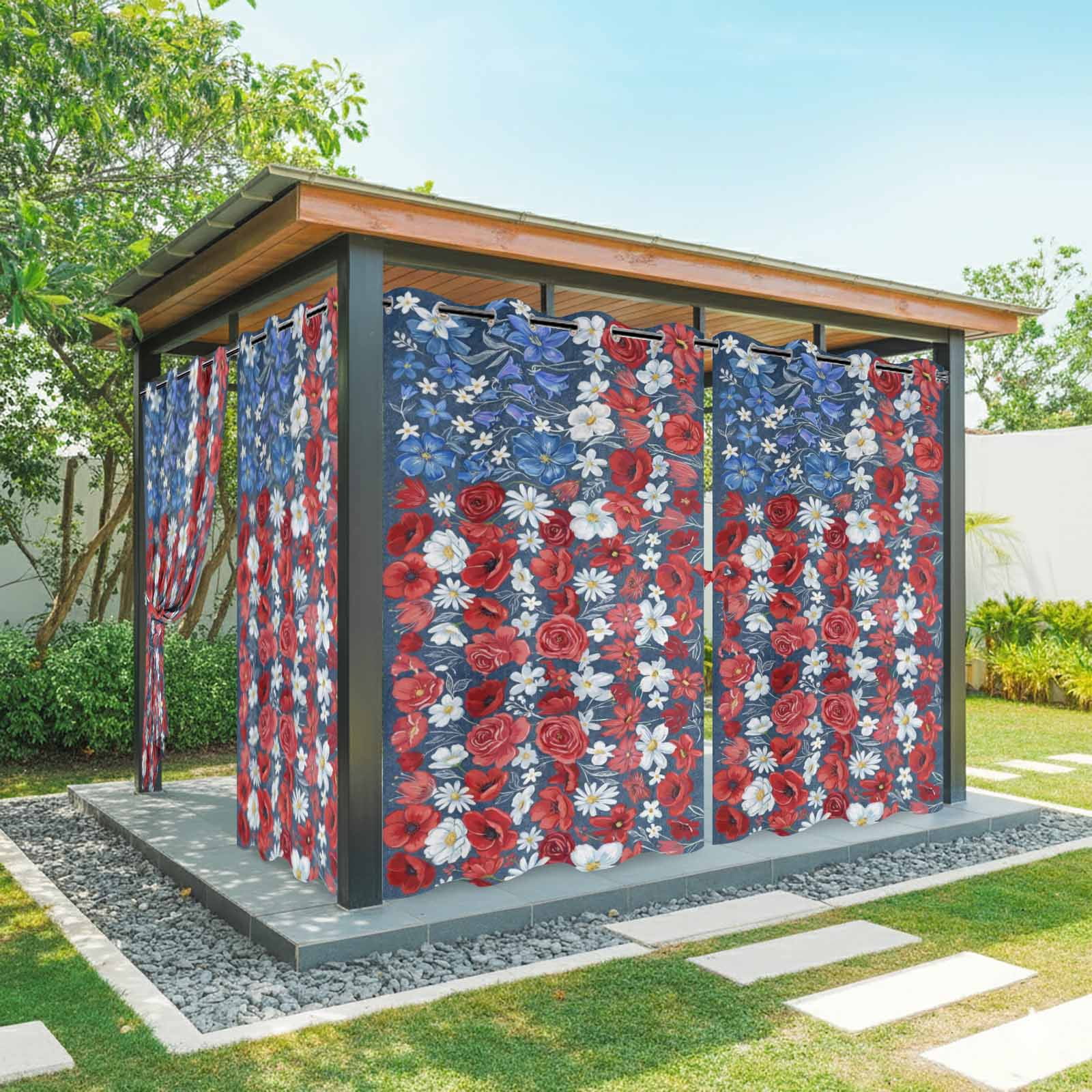 Independence Day Outdoor Curtains for Patio, Patriotic U.S. Flag Style Blue Red Flowers Sunshade Privacy Drapes Grommet Waterproof Outside Curtains for Porch/Cabana/Balcony 54"x 108", 1 Panel