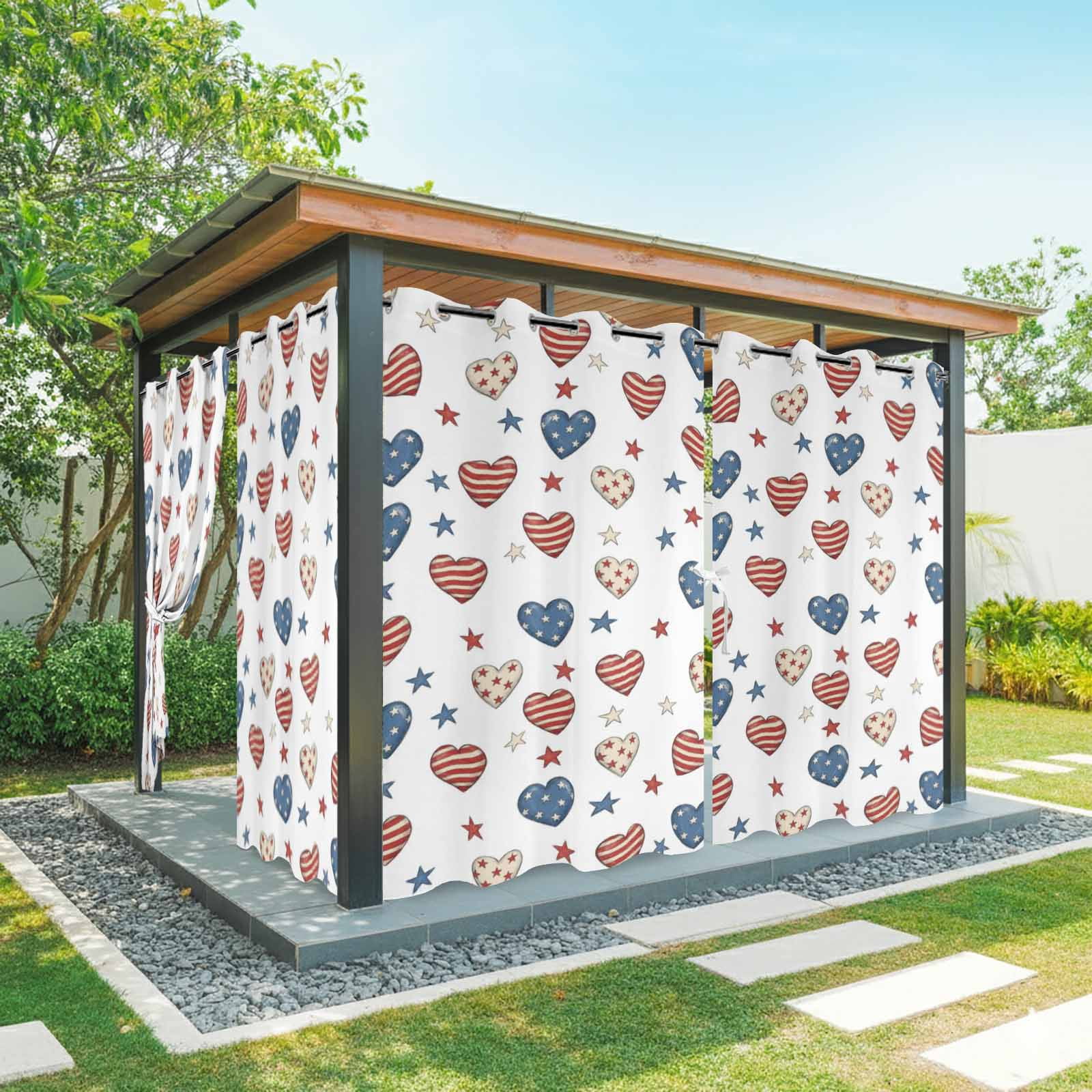 Independence Day Outdoor Curtains for Patio, Patriotic Watercolor Red Stripe Blue Love Heart Star Sunshade Privacy Drapes Grommet Waterproof Outside Curtains for Porch Balcony 54"x108", 1 Panel