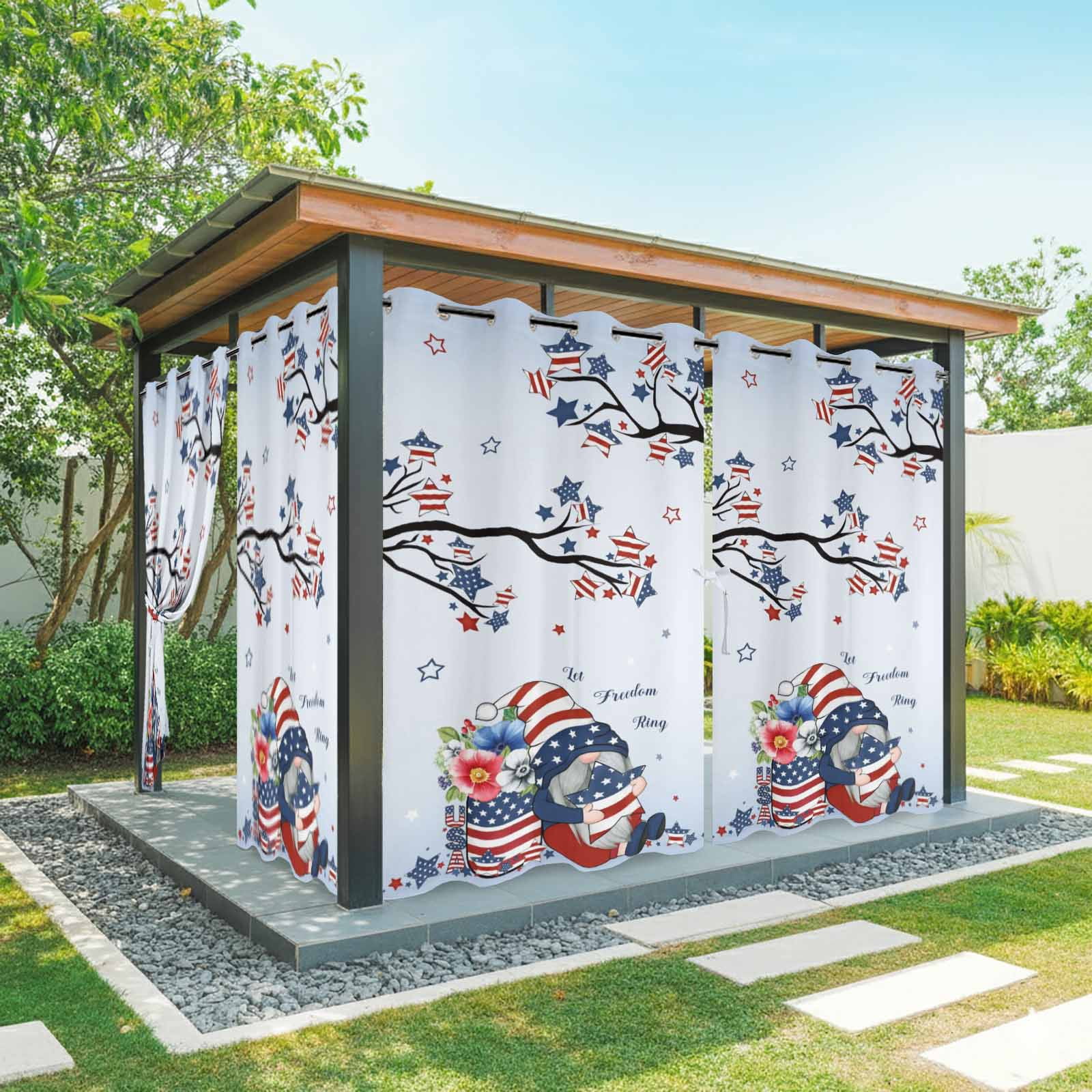 Independence Day Outdoor Curtains for Patio, Patriots Dwarfs US Flag Star Poppy Sunshade Privacy Drapes Grommet Waterproof Outside Curtains for Porch/Cabana/Balcony 54"x 108", 1 Panel