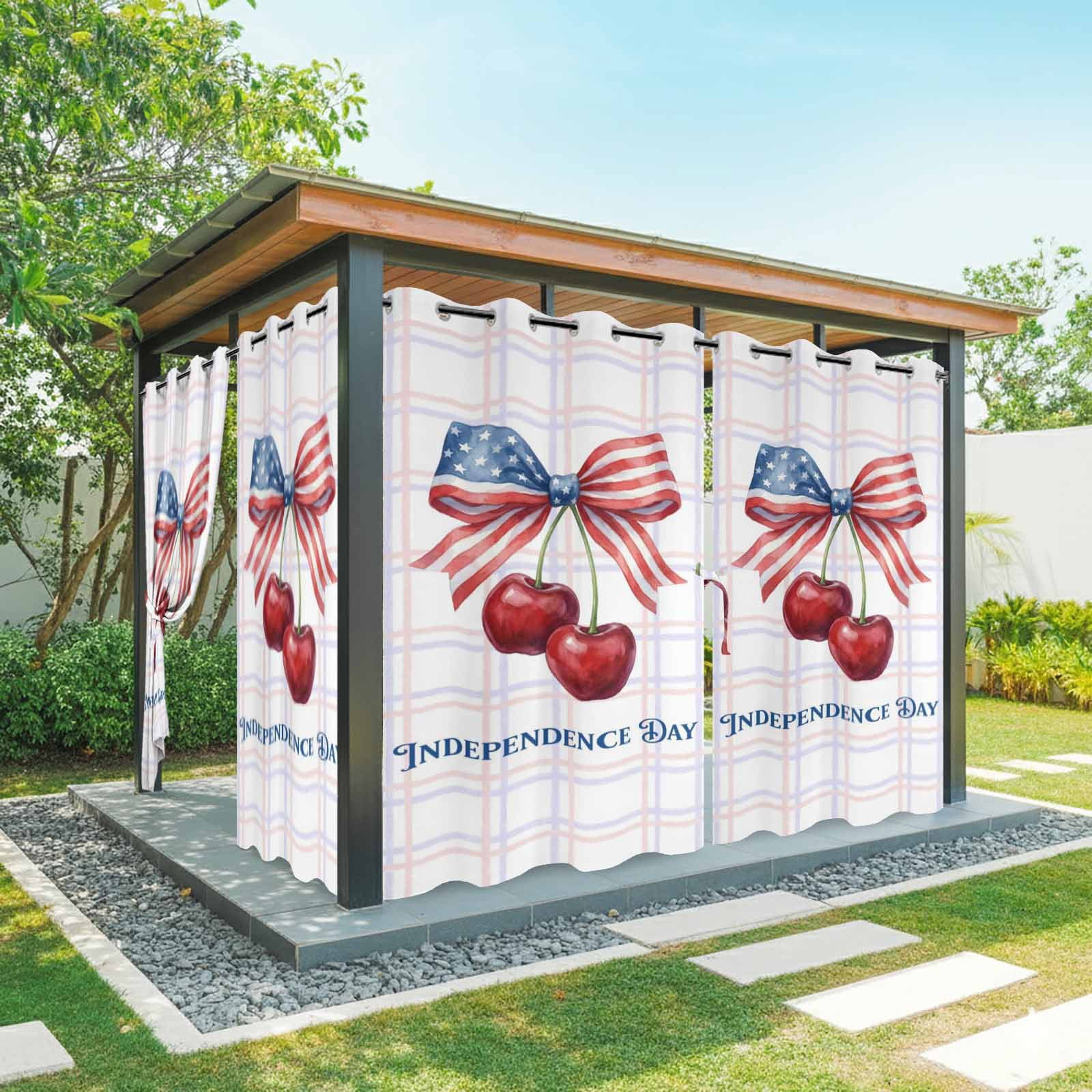 Independence Day Outdoor Curtains for Patio, Red Blue American Flag Bow Cherry Pink Purple Plaid Sunshade Privacy Drapes Grommet Waterproof Outside Curtains for Porch/Cabana/Balcony 54"x108", 2 Panel