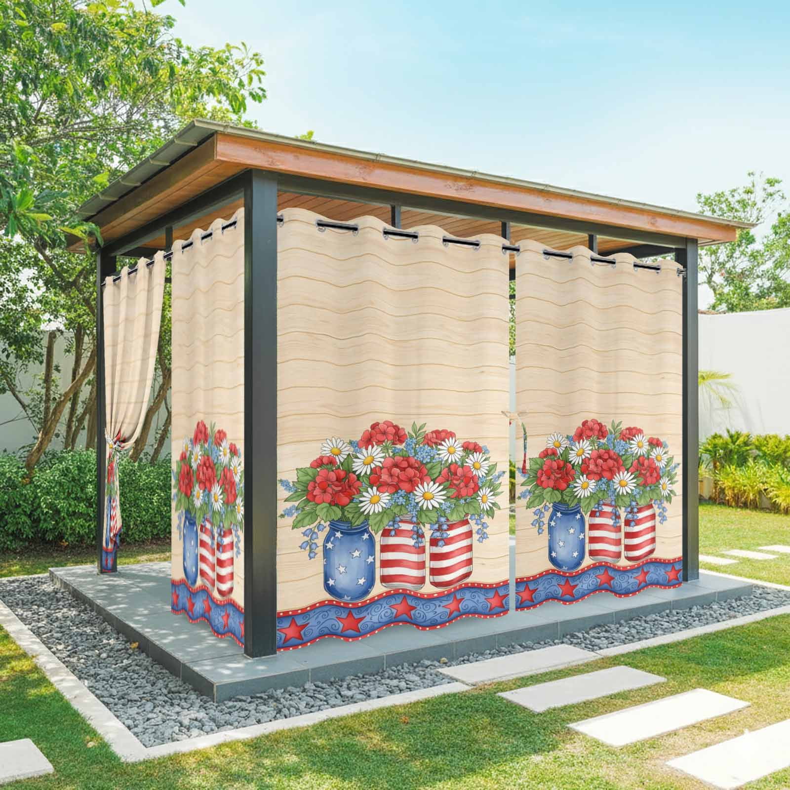 Independence Day Outdoor Curtains for Patio, Red Blue Floral Vase Star Heart Wood Grain Sunshade Privacy Drapes Grommet Waterproof Outside Curtains for Porch/Cabana/Balcony 54"x 108", 1 Panel