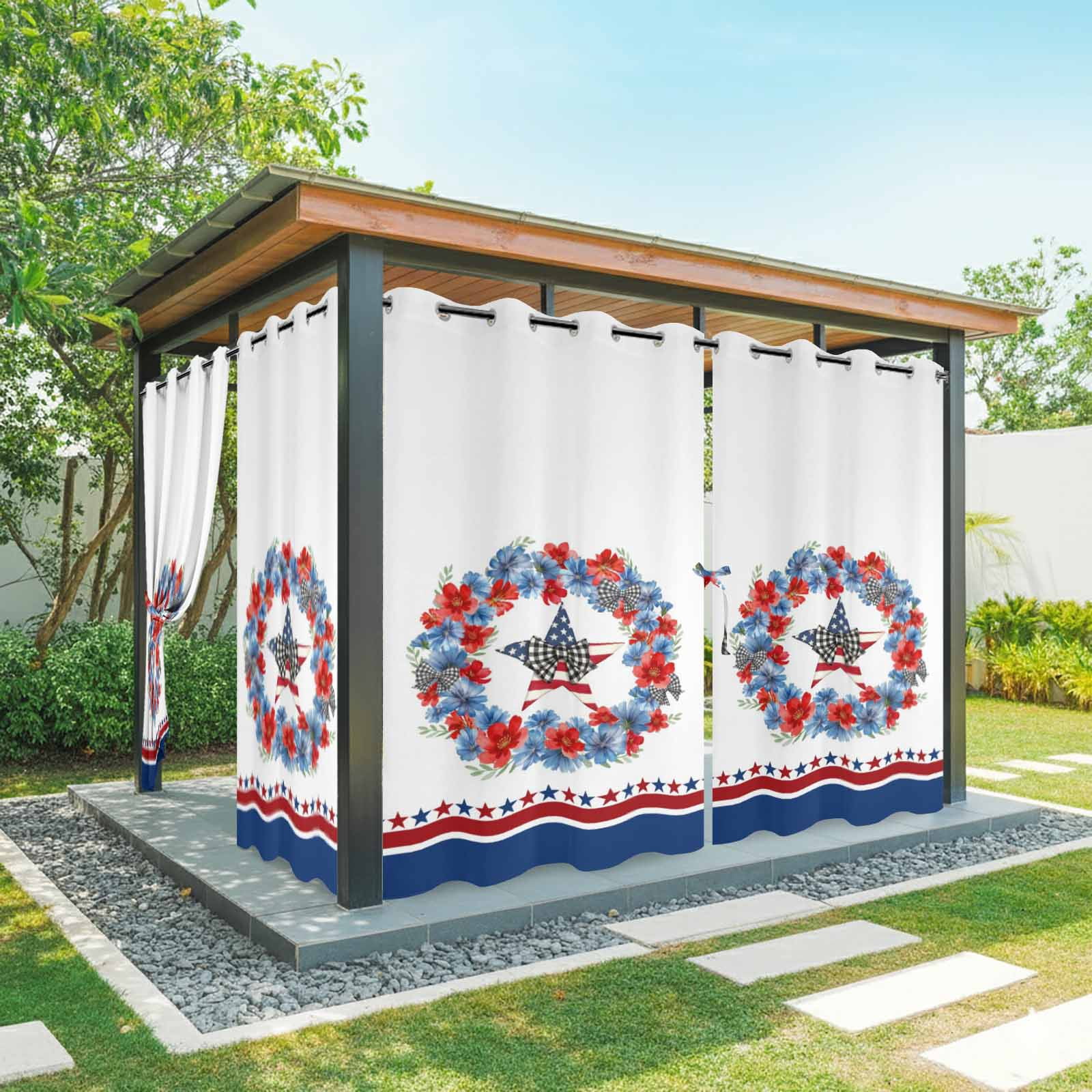 Independence Day Outdoor Curtains for Patio, Red Blue Flower Plaid Bow Star Abstract Striped Sunshade Privacy Drapes Grommet Waterproof Outside Curtains for Porch/Cabana/Balcony 54"x 108", 1 Panel