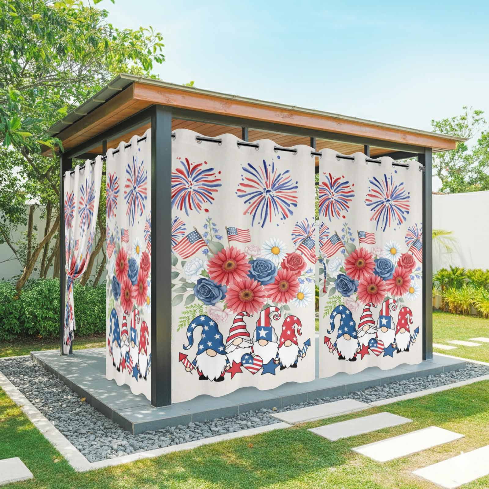 Independence Day Outdoor Curtains for Patio, Red Blue Gnome Floral Flag Fireworks Beige Sunshade Privacy Drapes Grommet Waterproof Outside Curtains for Porch/Cabana/Balcony 54"x 108", 1 Panel