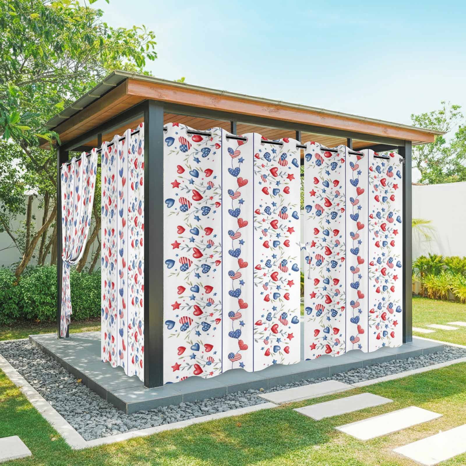 Independence Day Outdoor Curtains for Patio, Red Blue Love Stars Flags Green Leaf Sunshade Privacy Drapes Grommet Waterproof Outside Curtains for Porch/Cabana/Balcony 54"x 108", 1 Panel