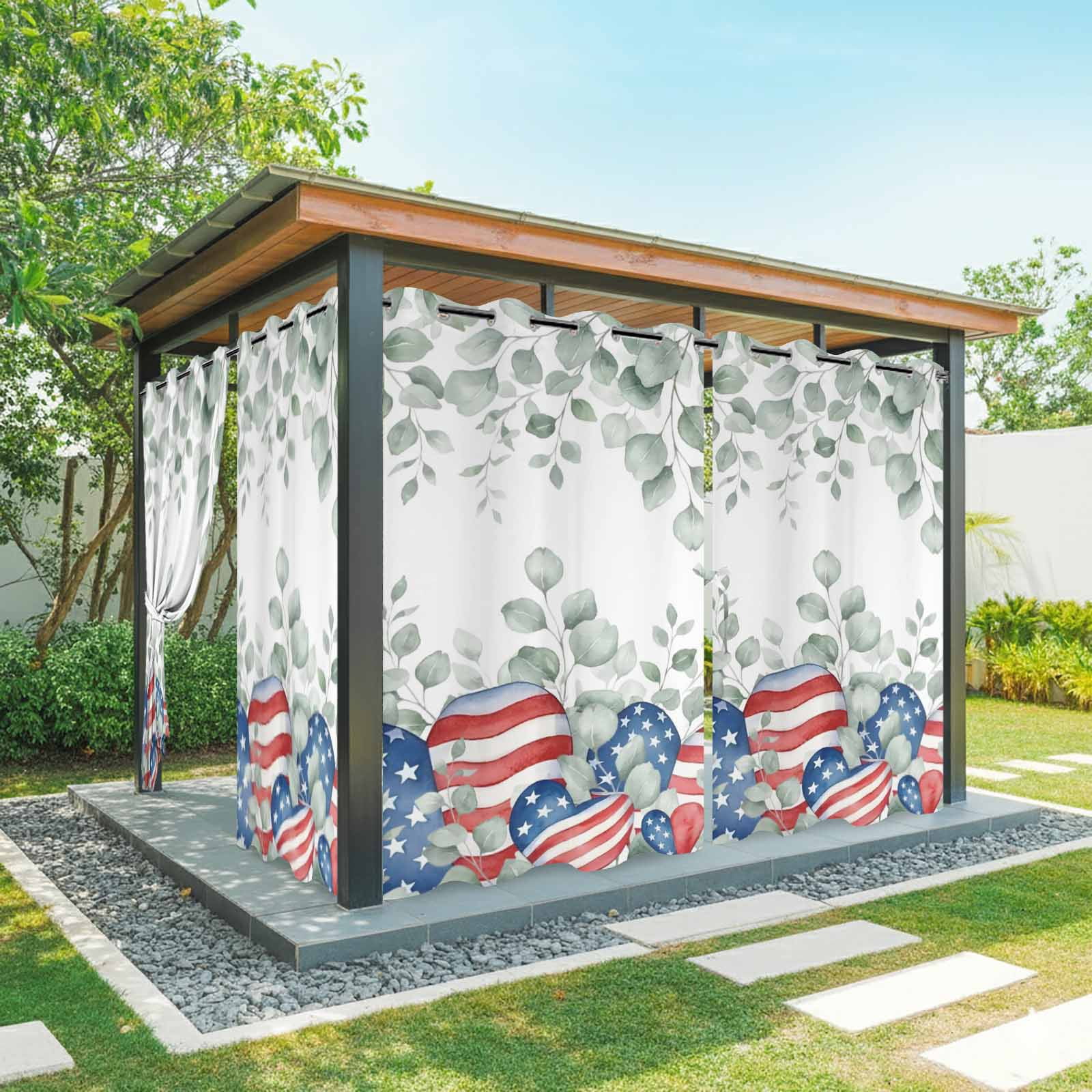 Independence Day Outdoor Curtains for Patio, Red Blue Star Stripe Love Heart Eucalyptus Leaves Sunshade Privacy Drapes Grommet Waterproof Outside Curtains for Porch/Cabana/Balcony 54"x 108", 1 Panel