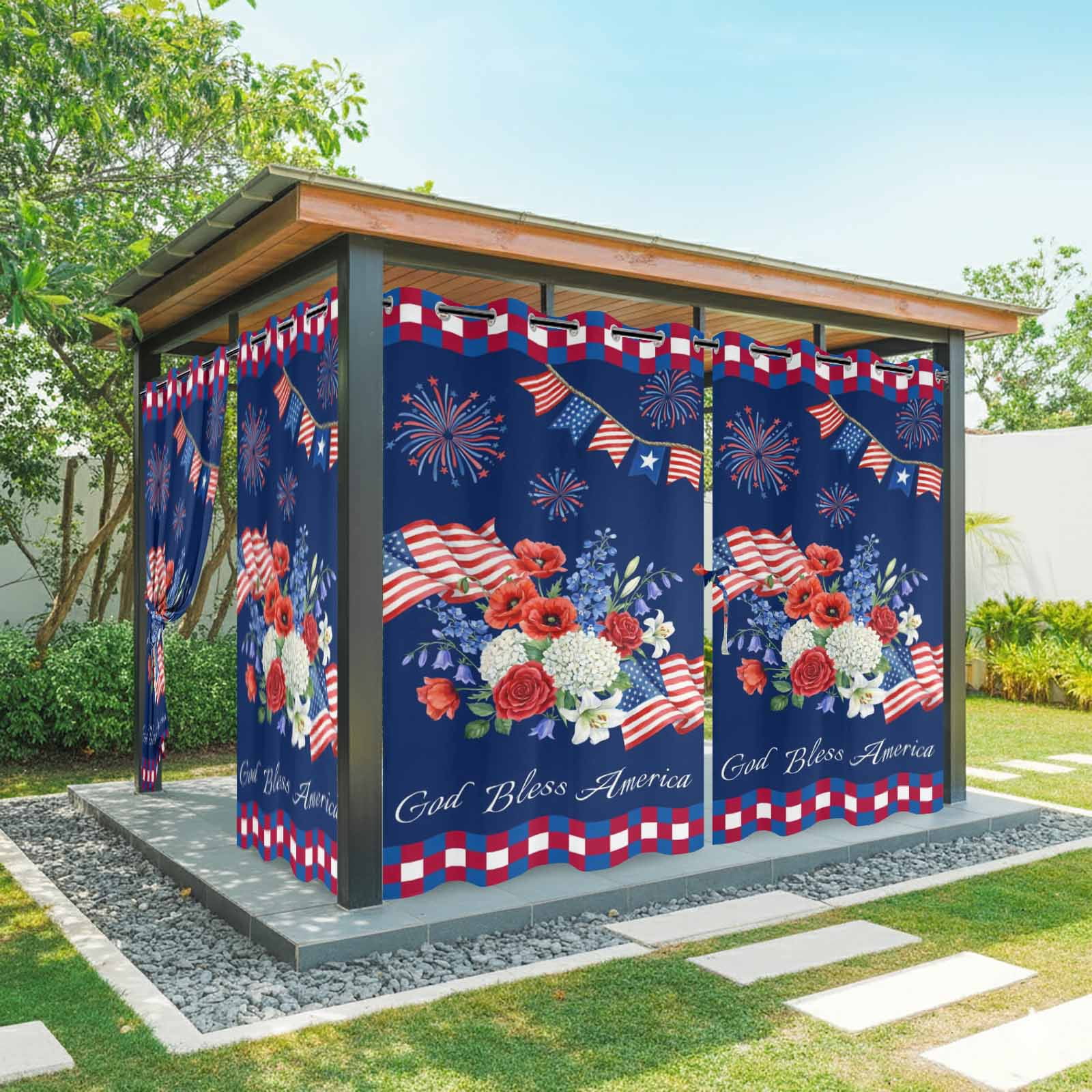 Independence Day Outdoor Curtains for Patio, Red Blue USA Flag Floral Fireworks Dark Blue Sunshade Privacy Drapes Grommet Waterproof Outside Curtains for Porch/Cabana/Balcony 54"x 108", 1 Panel