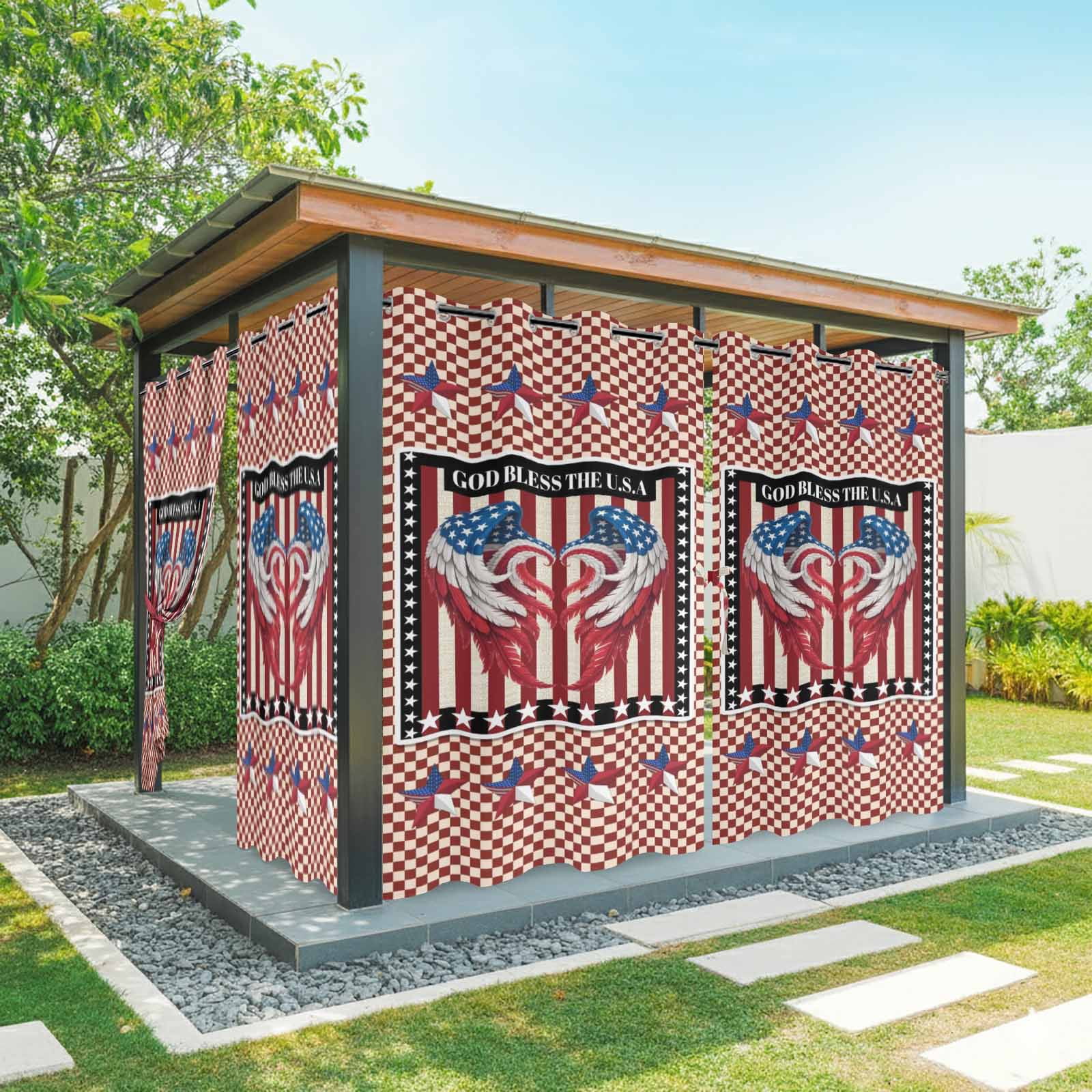 Independence Day Outdoor Curtains for Patio, Red Blue USA Flag Wings Stripe Stars Plaid Sunshade Privacy Drapes Grommet Waterproof Outside Curtains for Porch/Cabana/Balcony 54"x 108", 1 Panel