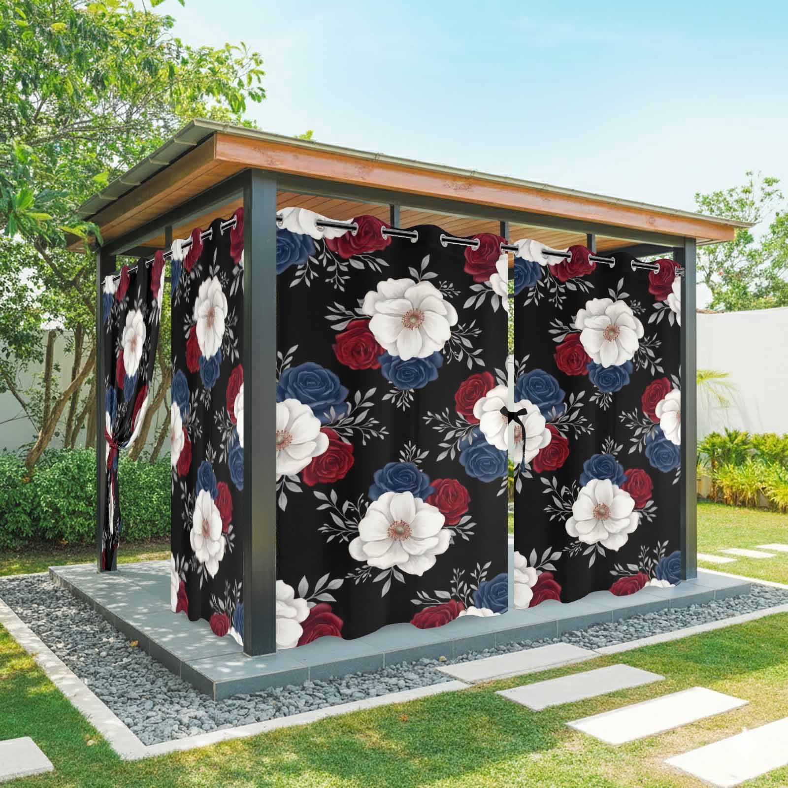 Independence Day Outdoor Curtains for Patio, Red Blue White Roses Floral Leaf Black Sunshade Privacy Drapes Grommet Waterproof Outside Curtains for Porch/Cabana/Balcony 54"x 108", 1 Panel