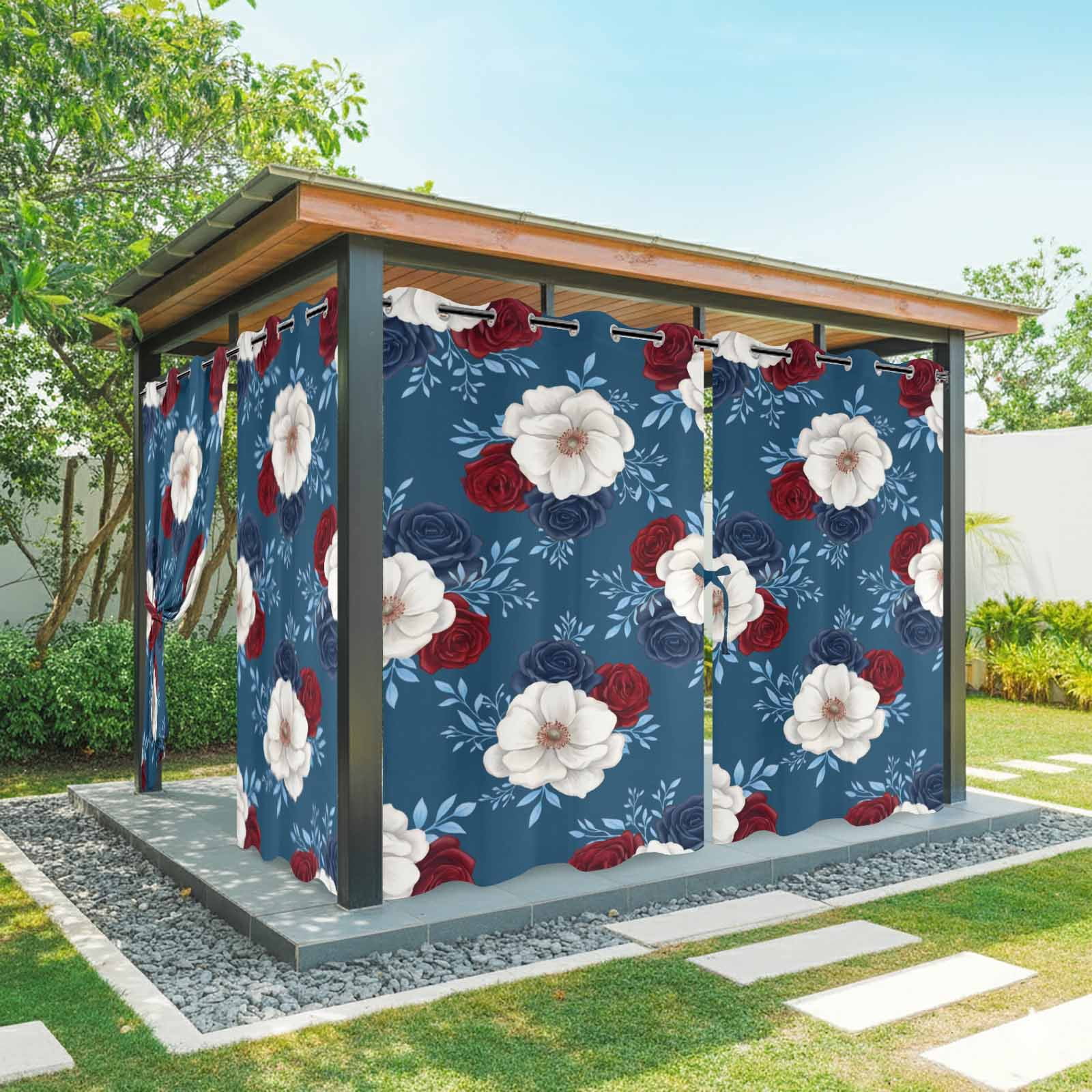 Independence Day Outdoor Curtains for Patio, Red Blue White Roses Floral Leaf Blue Sunshade Privacy Drapes Grommet Waterproof Outside Curtains for Porch/Cabana/Balcony 54"x 95", 1 Panel