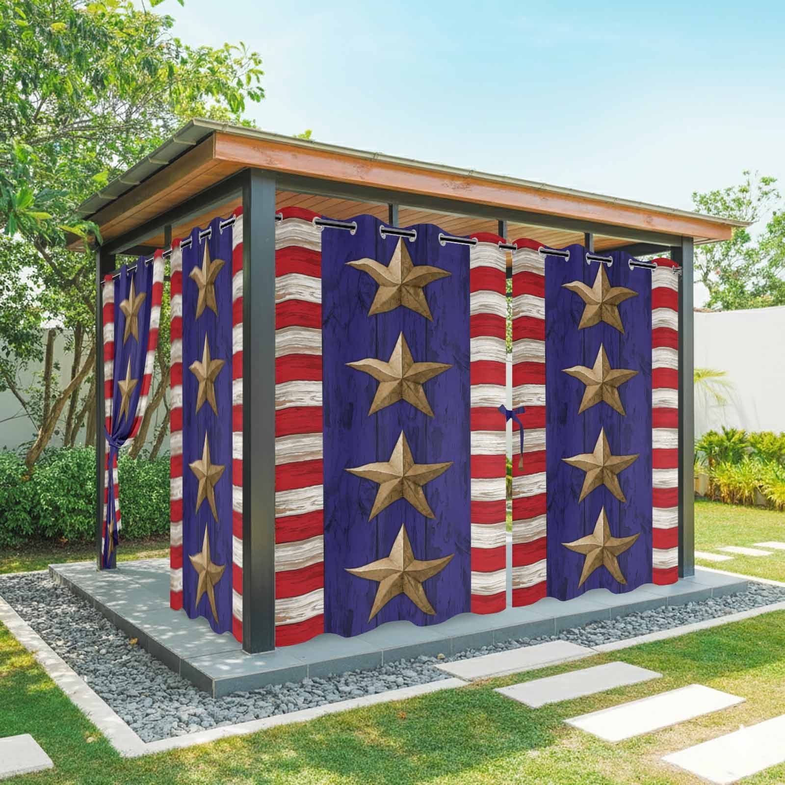 Independence Day Outdoor Curtains for Patio, Retro America Blue Gold Star Red Wood Grain Sunshade Privacy Drapes Grommet Waterproof Outside Curtains for Porch/Cabana/Balcony 54"x 108", 1 Panel